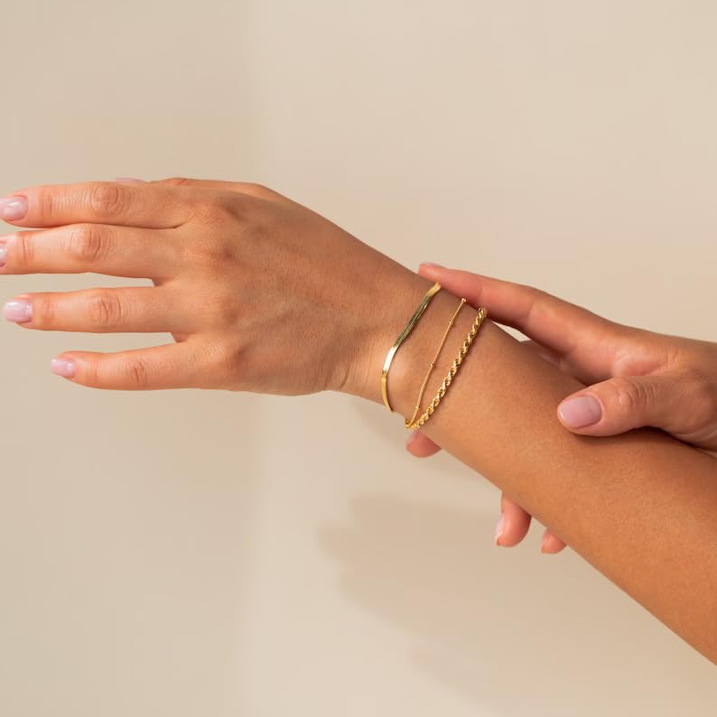 Gold Bracelets for Women Trendy,14K Real Gold Plated Dainty Stackable Paperclip Cuban Link Chain Bracelets,Cuff Bracelets Jewelry Set Adjustable 7"+2"