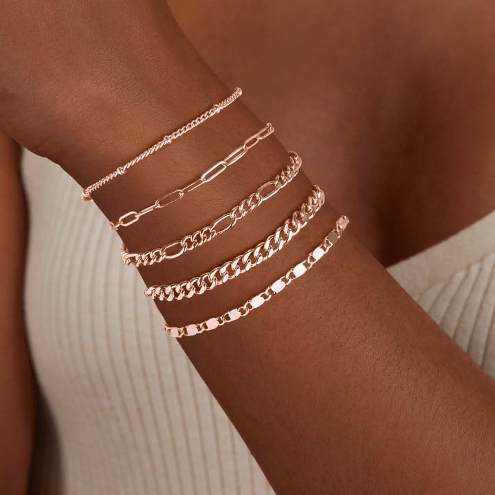 Gold Bracelets for Women Trendy,14K Real Gold Plated Dainty Stackable Paperclip Cuban Link Chain Bracelets,Cuff Bracelets Jewelry Set Adjustable 7"+2"