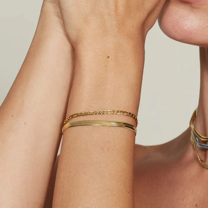 Gold Bracelets for Women Trendy,14K Real Gold Plated Dainty Stackable Paperclip Cuban Link Chain Bracelets,Cuff Bracelets Jewelry Set Adjustable 7"+2"