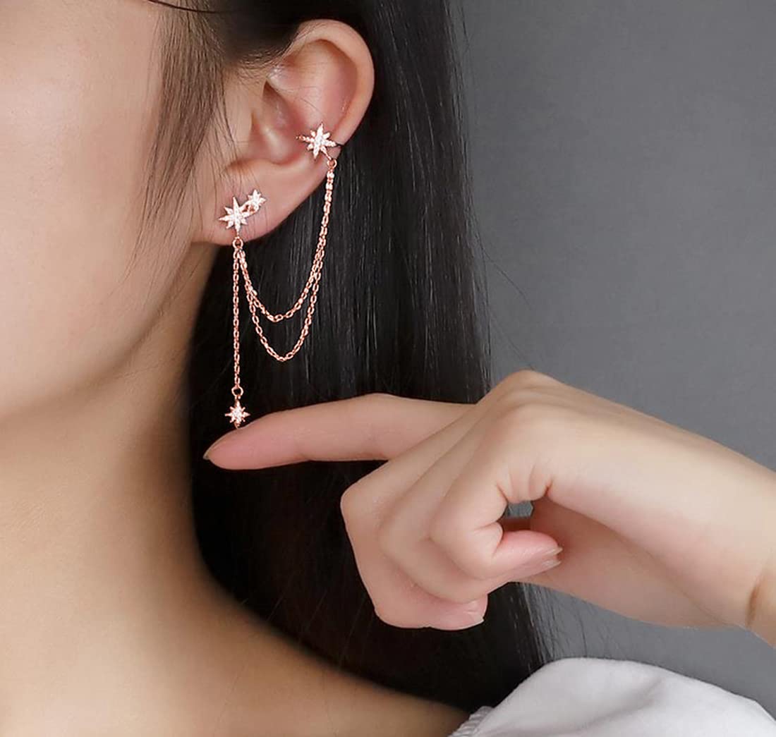SLUYNZ 925 Sterling Silver Fashion Star Cuff Earring Chain for Women Star Crawler Earring Wrap Earrings