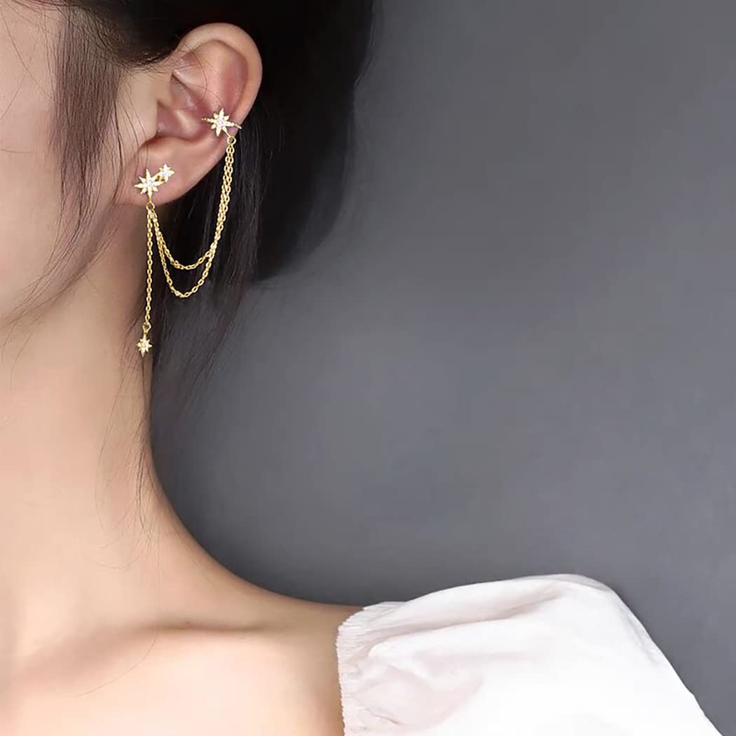 SLUYNZ 925 Sterling Silver Fashion Star Cuff Earring Chain for Women Star Crawler Earring Wrap Earrings