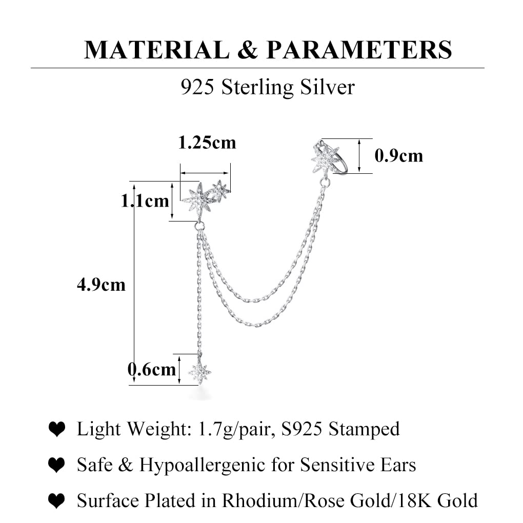 SLUYNZ 925 Sterling Silver Fashion Star Cuff Earring Chain for Women Star Crawler Earring Wrap Earrings