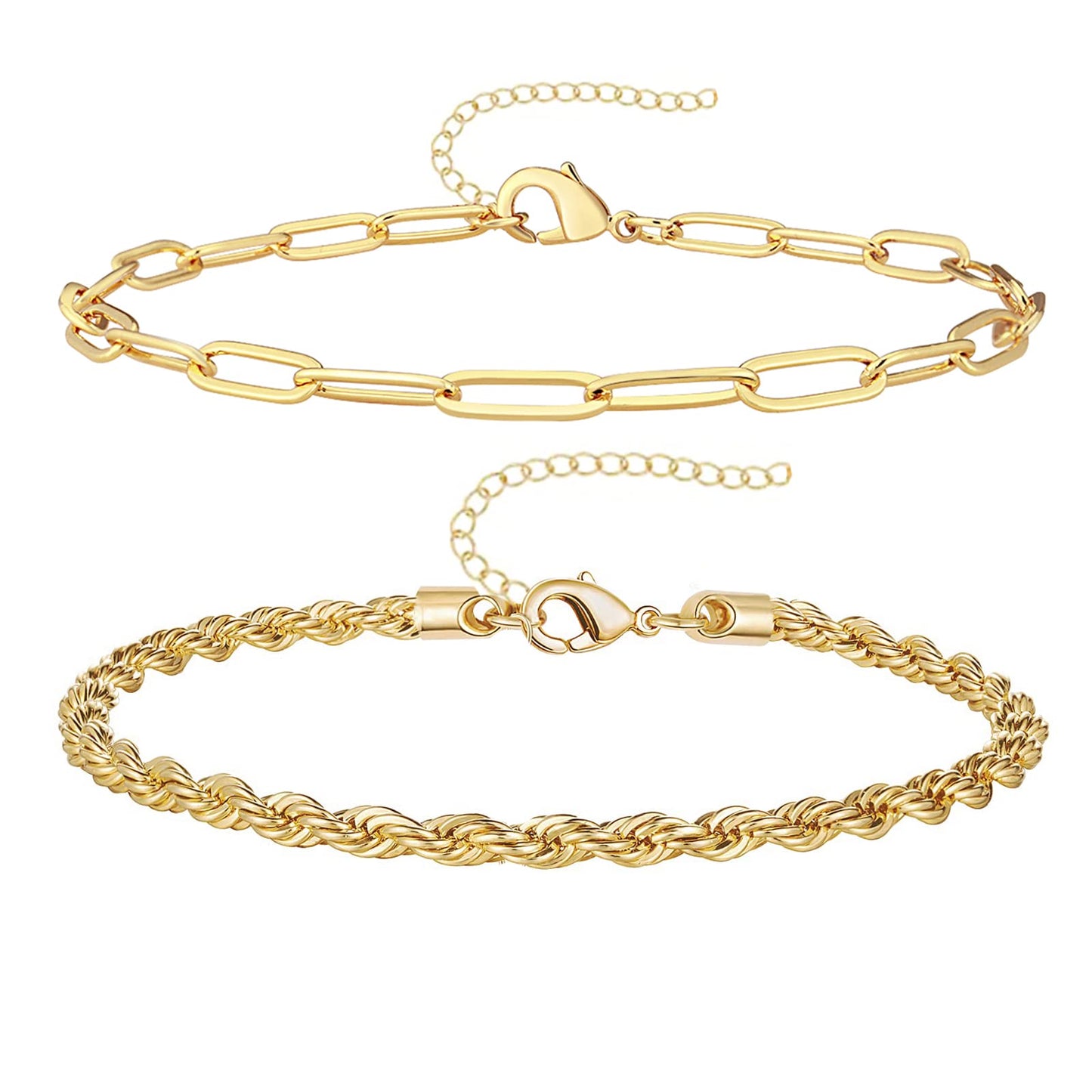 Gold Bracelets for Women Trendy,14K Real Gold Plated Dainty Stackable Paperclip Cuban Link Chain Bracelets,Cuff Bracelets Jewelry Set Adjustable 7"+2"