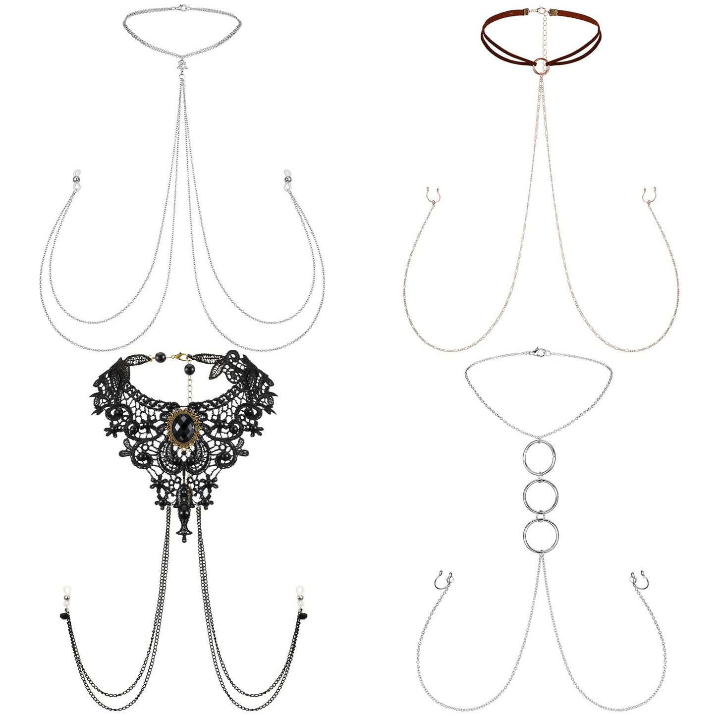 Bonuci 4 Pcs Non Piercing Bra Body Chain with Necklaces Body Chain Non Piercing Adjustable Bra Jewelry