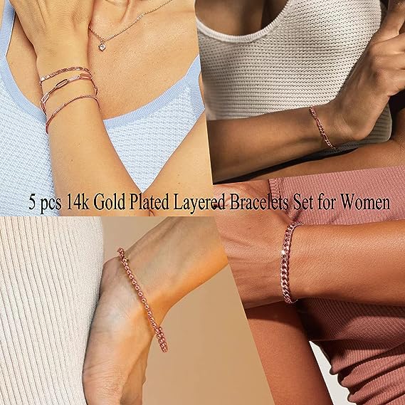 Gold Bracelets for Women Trendy,14K Real Gold Plated Dainty Stackable Paperclip Cuban Link Chain Bracelets,Cuff Bracelets Jewelry Set Adjustable 7"+2"