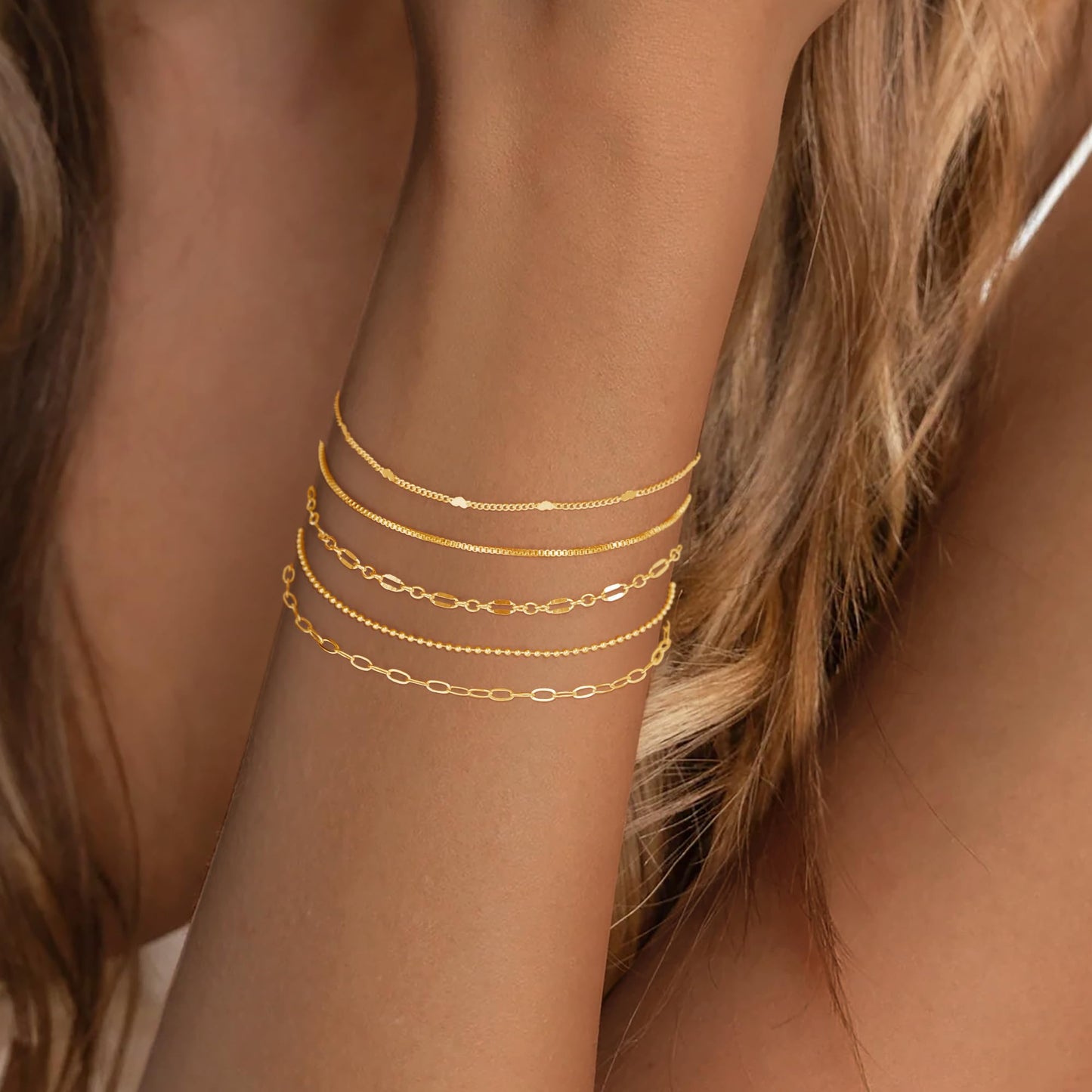 Gold Bracelets for Women Trendy,14K Real Gold Plated Dainty Stackable Paperclip Cuban Link Chain Bracelets,Cuff Bracelets Jewelry Set Adjustable 7"+2"