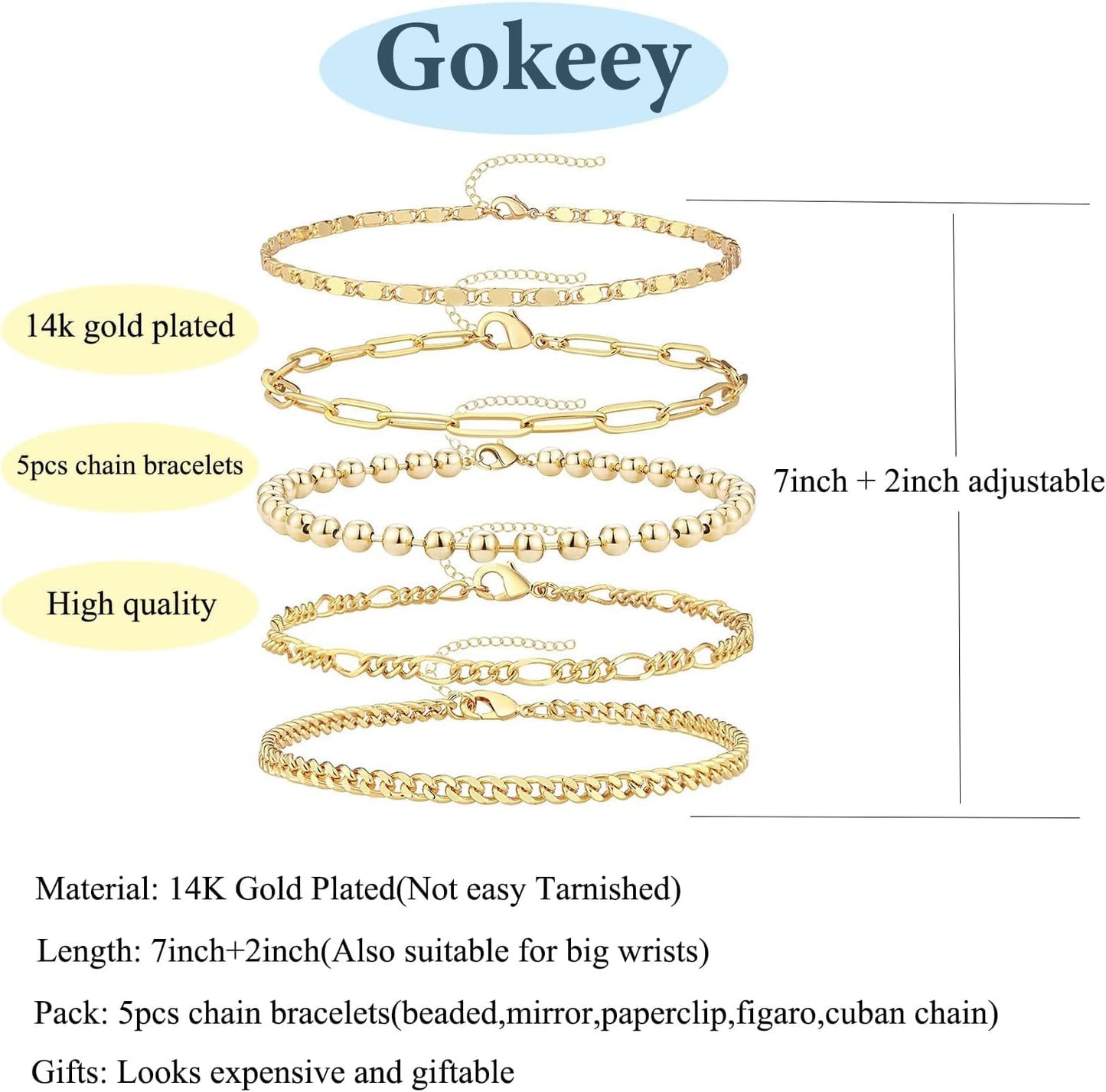 Gold Bracelets for Women Trendy,14K Real Gold Plated Dainty Stackable Paperclip Cuban Link Chain Bracelets,Cuff Bracelets Jewelry Set Adjustable 7"+2"