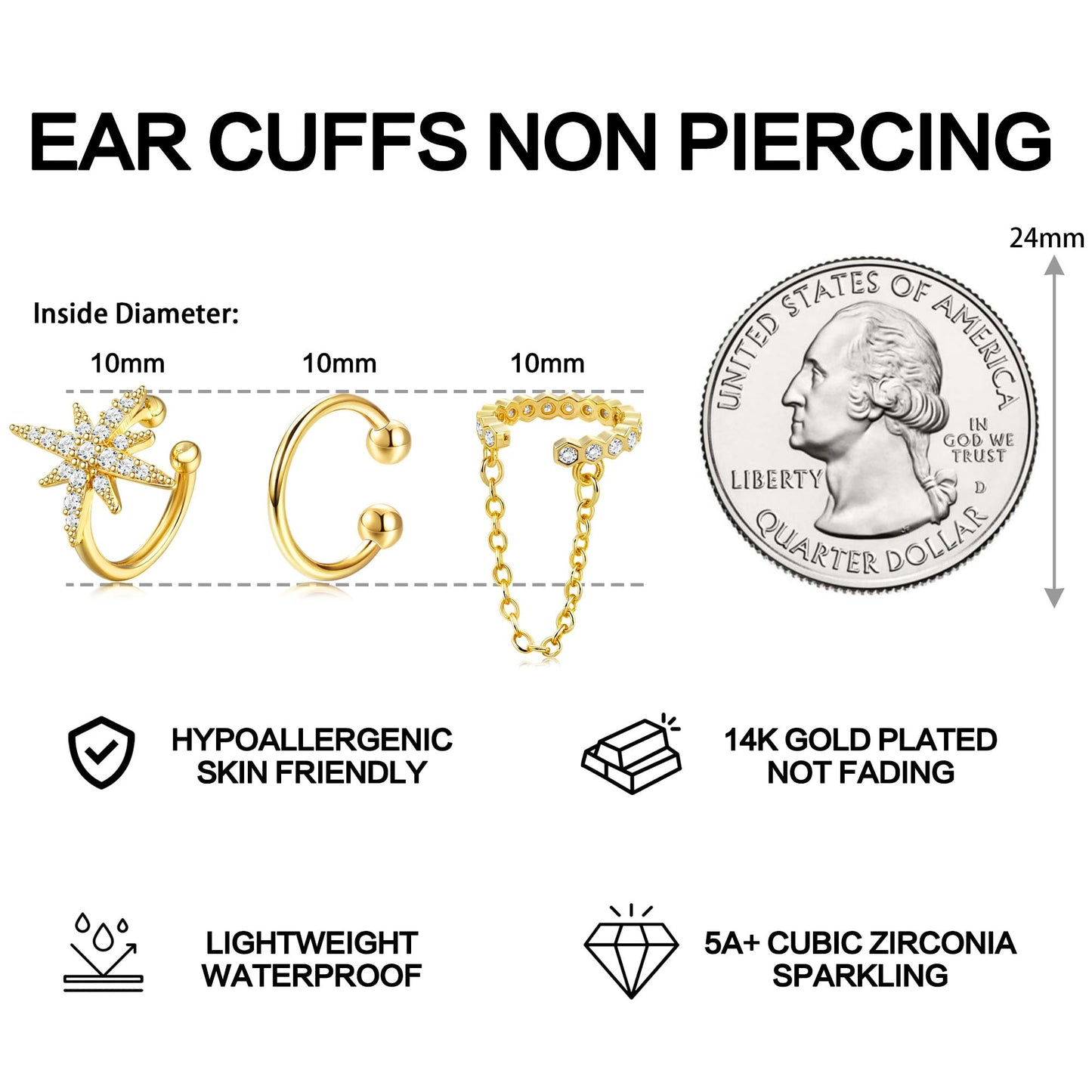 Dochais Ear Cuffs Non-Piercing Earrings for Women Cute Small Clip-On Cartilage Earring 14k Gold Plated Dainty Fake Piercings Earings