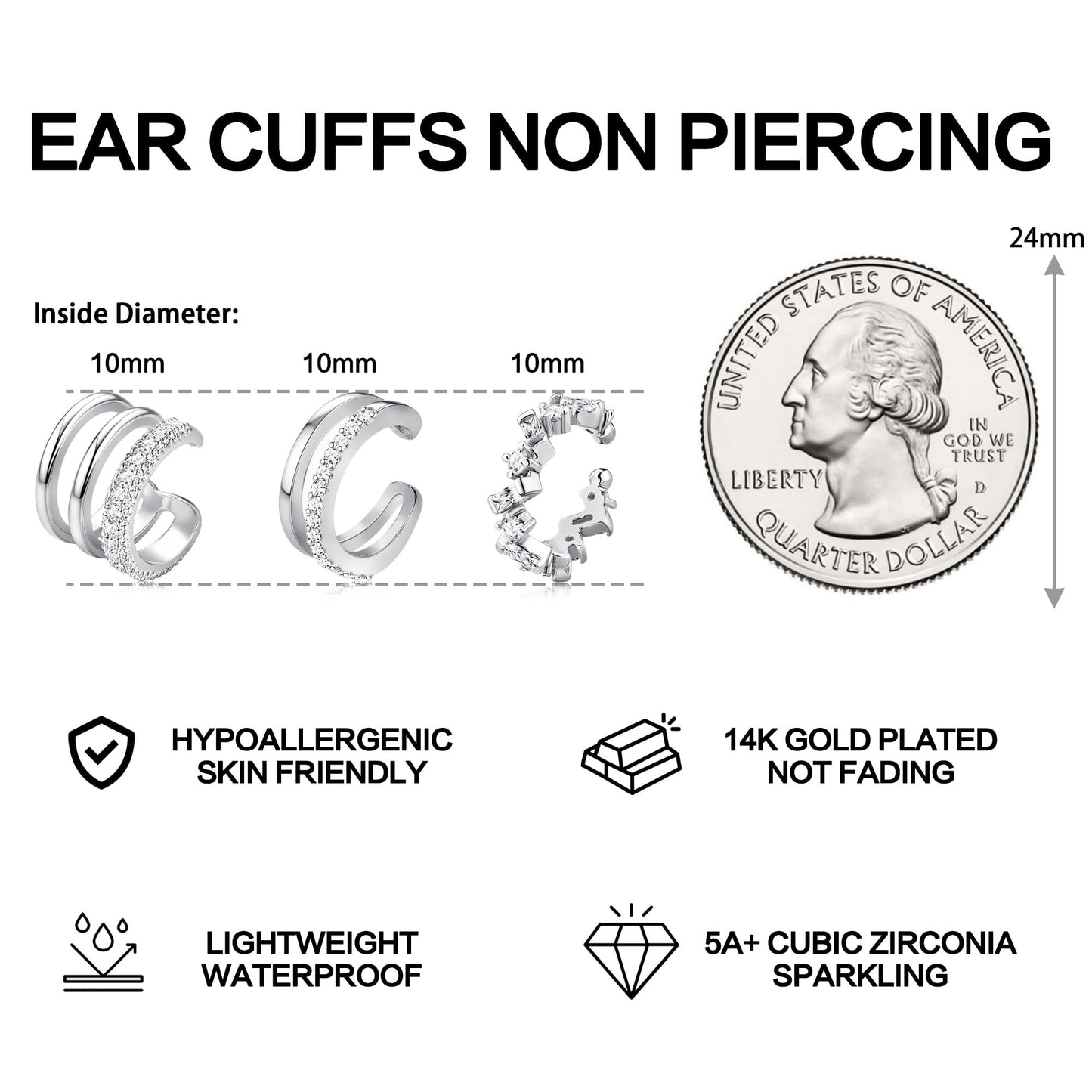 Dochais Ear Cuffs Non-Piercing Earrings for Women Cute Small Clip-On Cartilage Earring 14k Gold Plated Dainty Fake Piercings Earings
