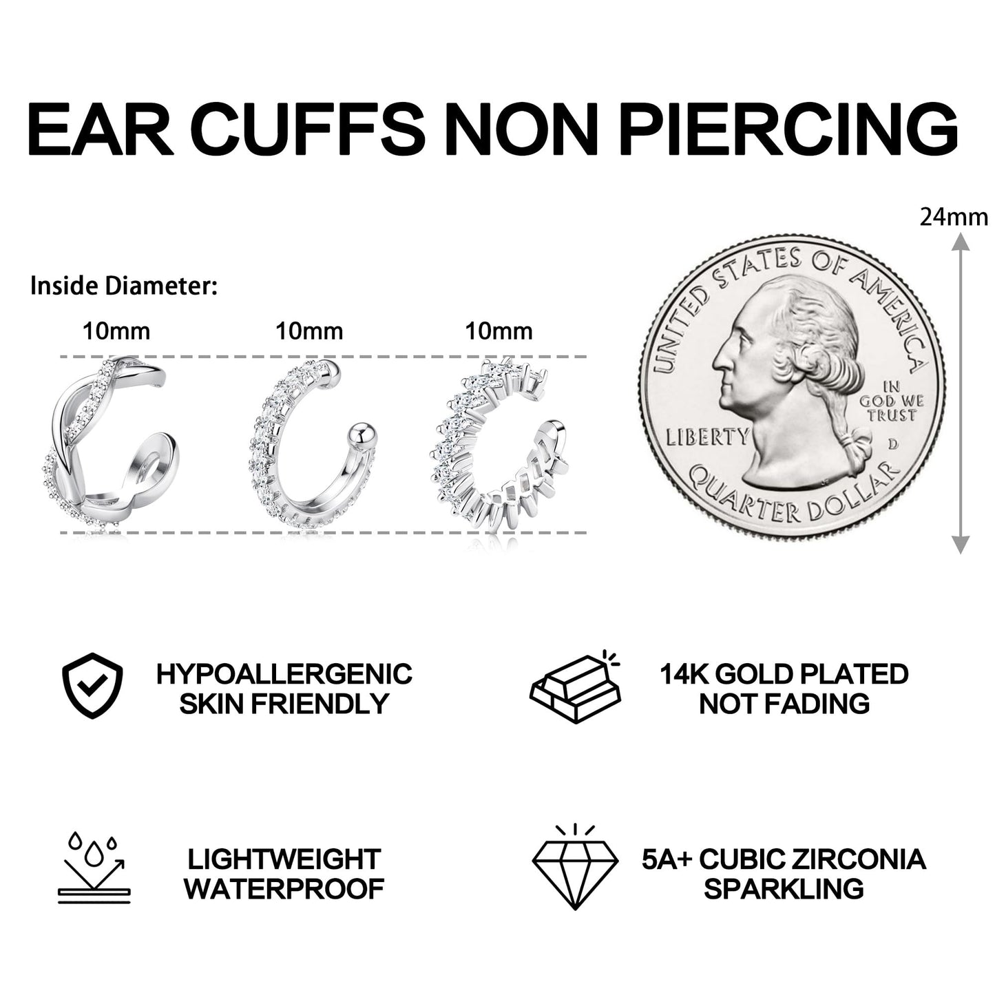 Dochais Ear Cuffs Non-Piercing Earrings for Women Cute Small Clip-On Cartilage Earring 14k Gold Plated Dainty Fake Piercings Earings