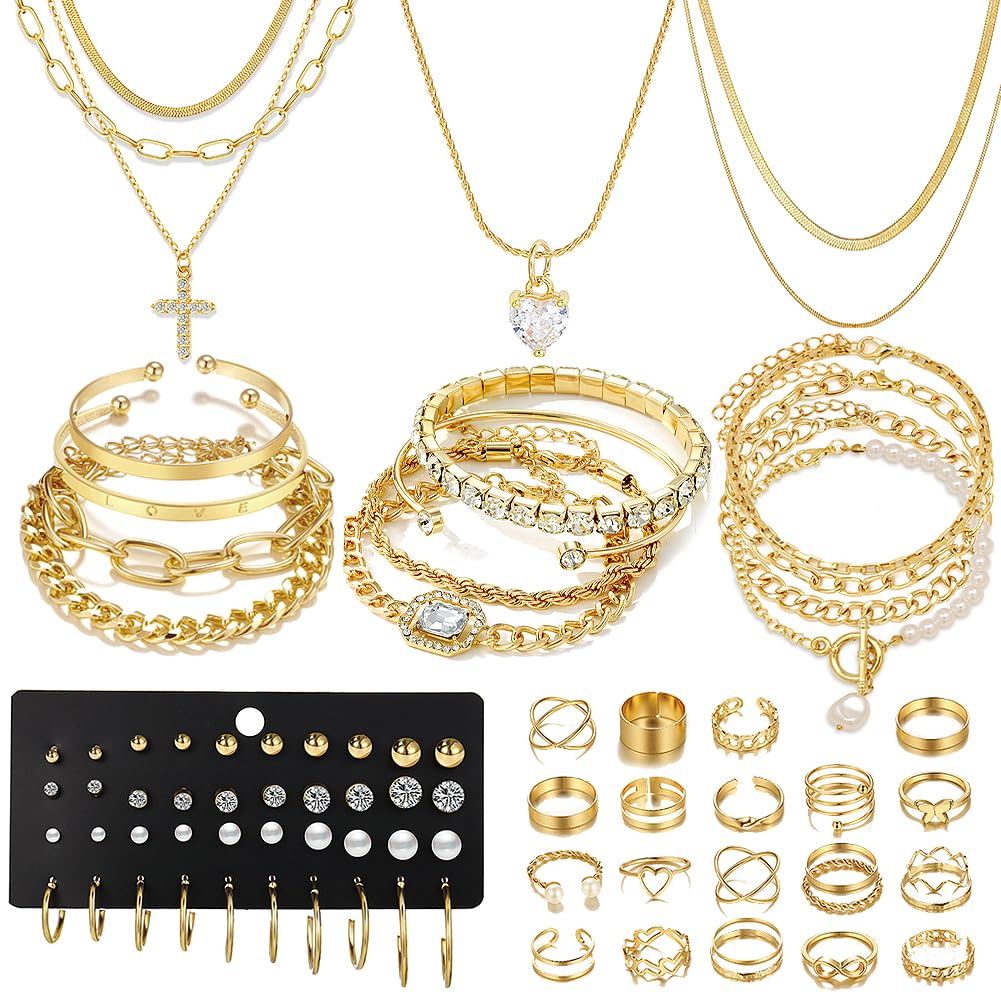 57pcs Gold Jewelry Set With 3 PCS Necklace, 12 PCS Bracelet,20pcs Hoop Stud Earrings,22pcs rings set For Women For Birthday Gifts