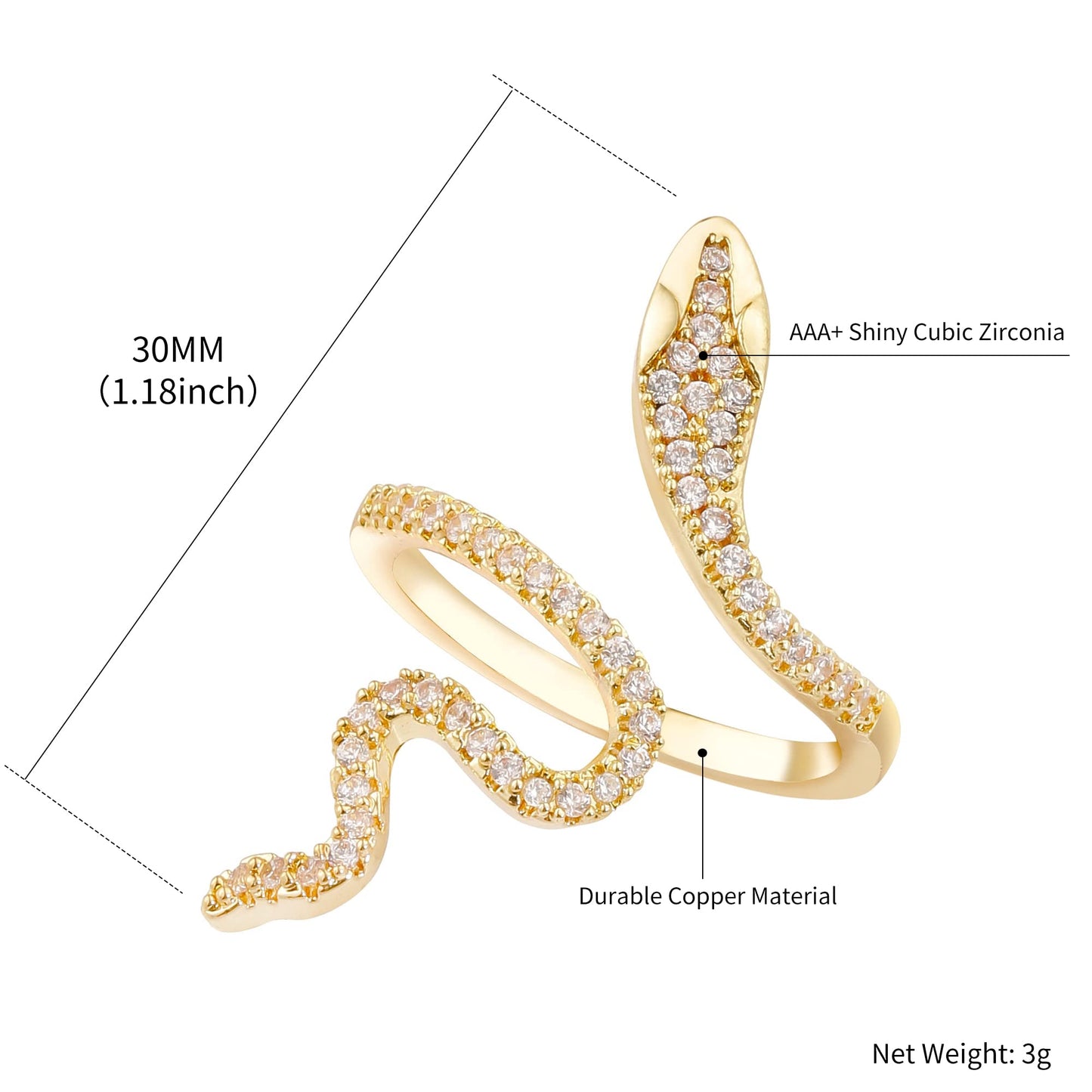 LEE&RO 18K Snake Jewelry Rhinestone Snake Ring for Women