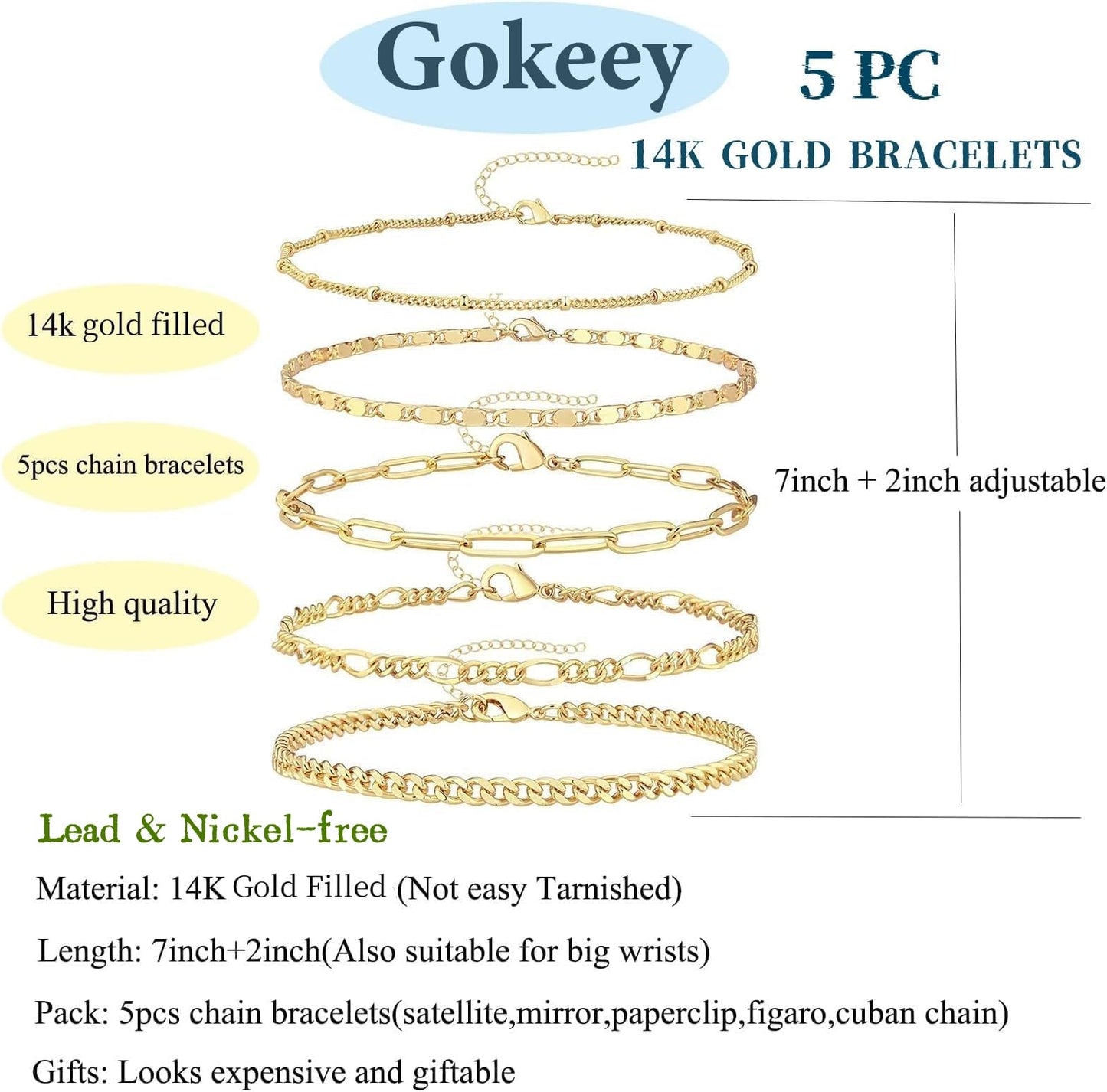 Gold Bracelets for Women Trendy,14K Real Gold Plated Dainty Stackable Paperclip Cuban Link Chain Bracelets,Cuff Bracelets Jewelry Set Adjustable 7"+2"