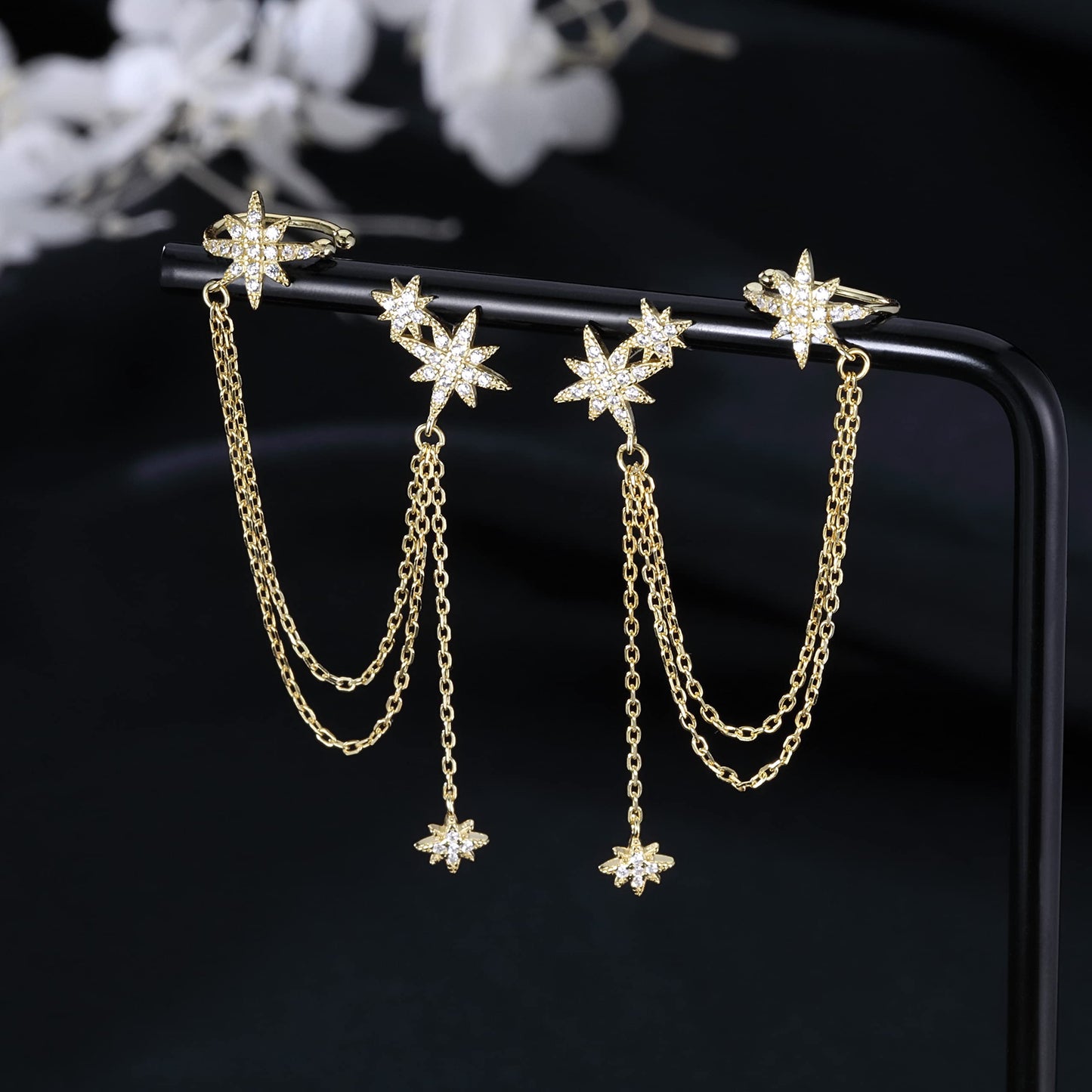 SLUYNZ 925 Sterling Silver Fashion Star Cuff Earring Chain for Women Star Crawler Earring Wrap Earrings