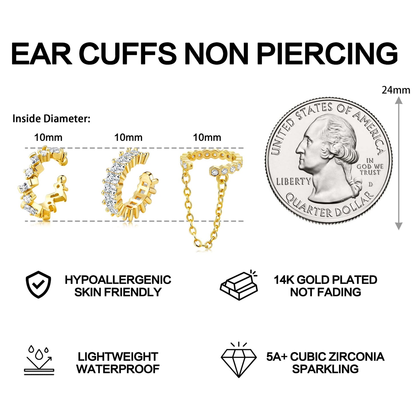 Dochais Ear Cuffs Non-Piercing Earrings for Women Cute Small Clip-On Cartilage Earring 14k Gold Plated Dainty Fake Piercings Earings