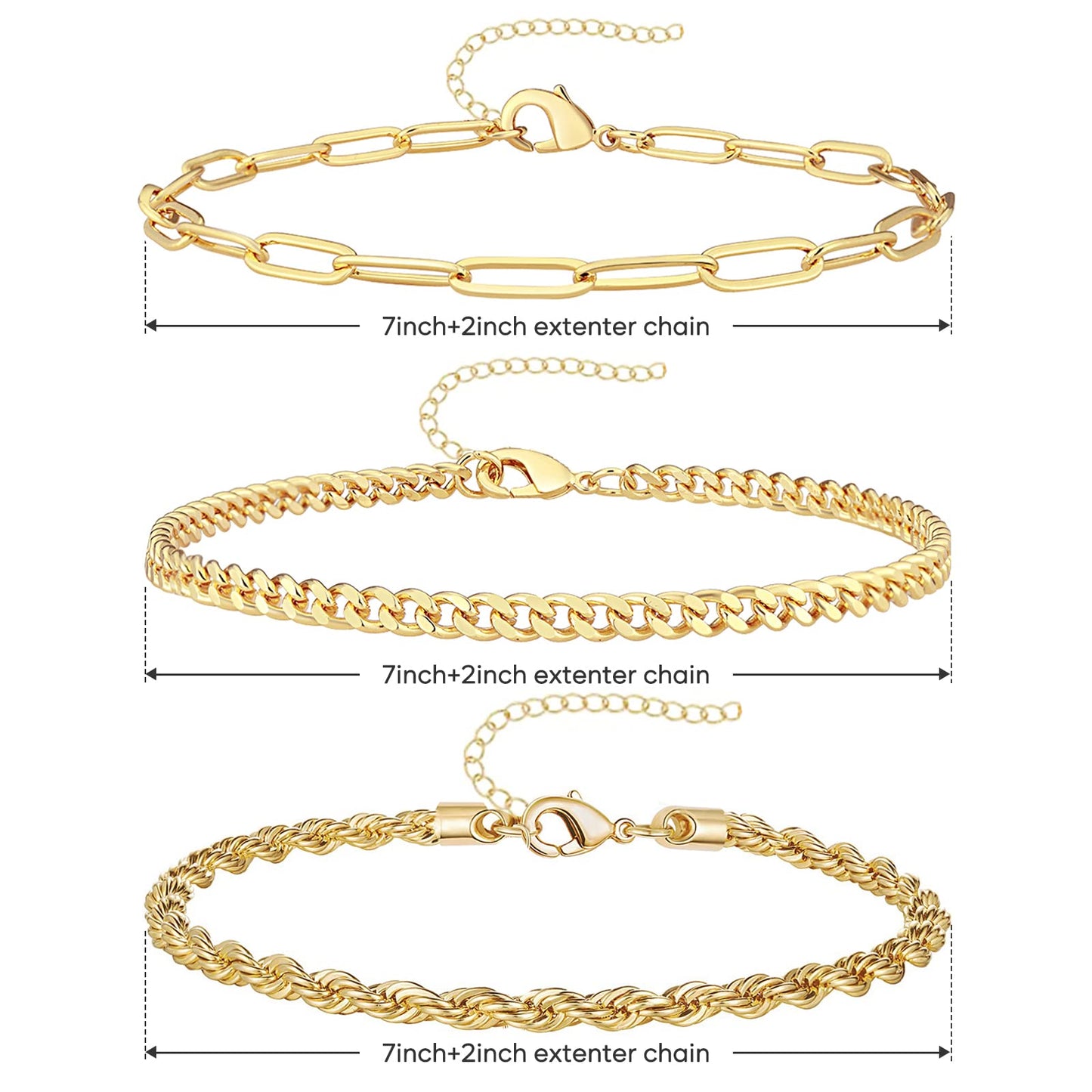 Gold Bracelets for Women Trendy,14K Real Gold Plated Dainty Stackable Paperclip Cuban Link Chain Bracelets,Cuff Bracelets Jewelry Set Adjustable 7"+2"