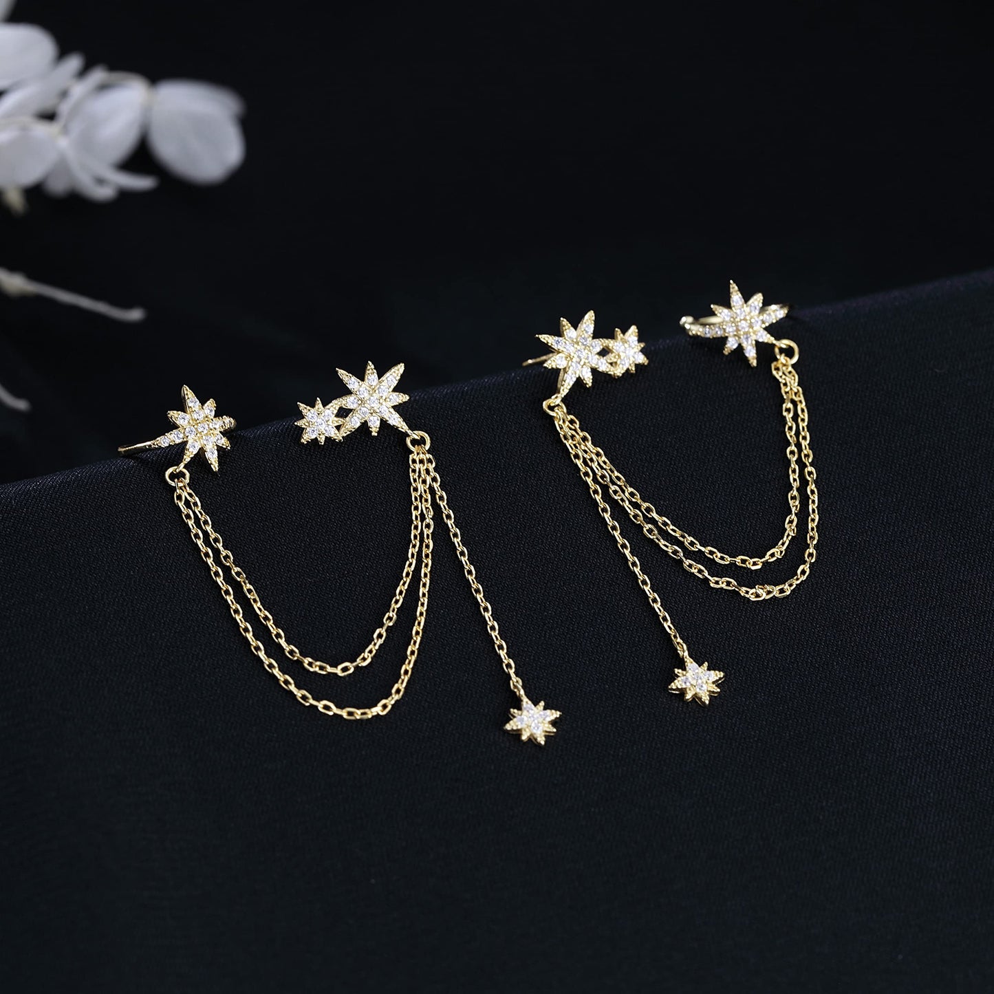 SLUYNZ 925 Sterling Silver Fashion Star Cuff Earring Chain for Women Star Crawler Earring Wrap Earrings