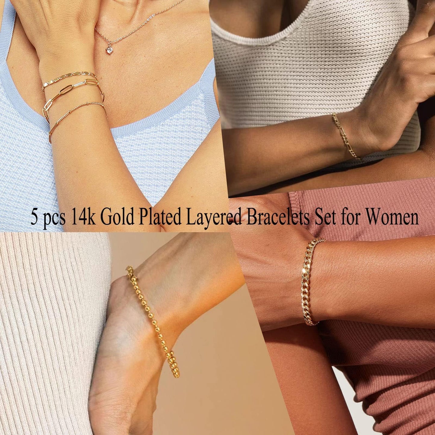 Gold Bracelets for Women Trendy,14K Real Gold Plated Dainty Stackable Paperclip Cuban Link Chain Bracelets,Cuff Bracelets Jewelry Set Adjustable 7"+2"
