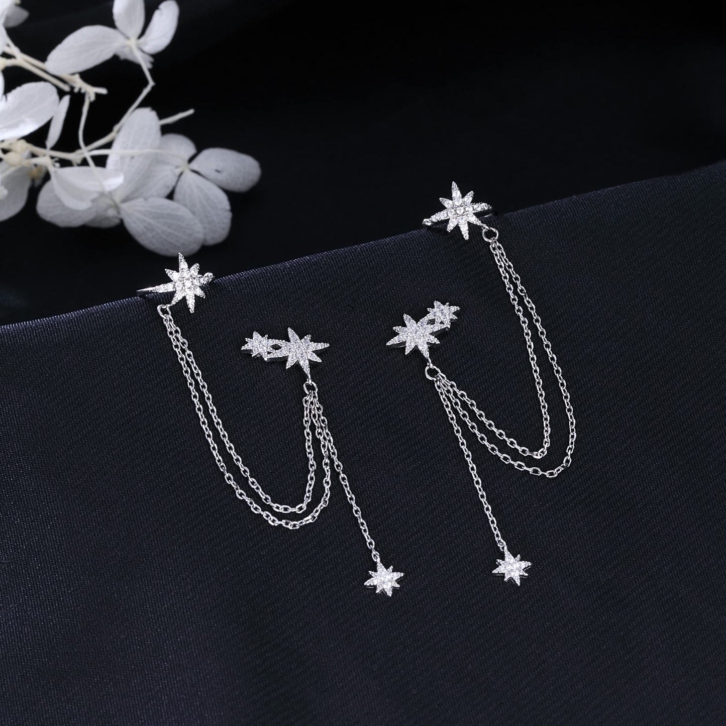 SLUYNZ 925 Sterling Silver Fashion Star Cuff Earring Chain for Women Star Crawler Earring Wrap Earrings