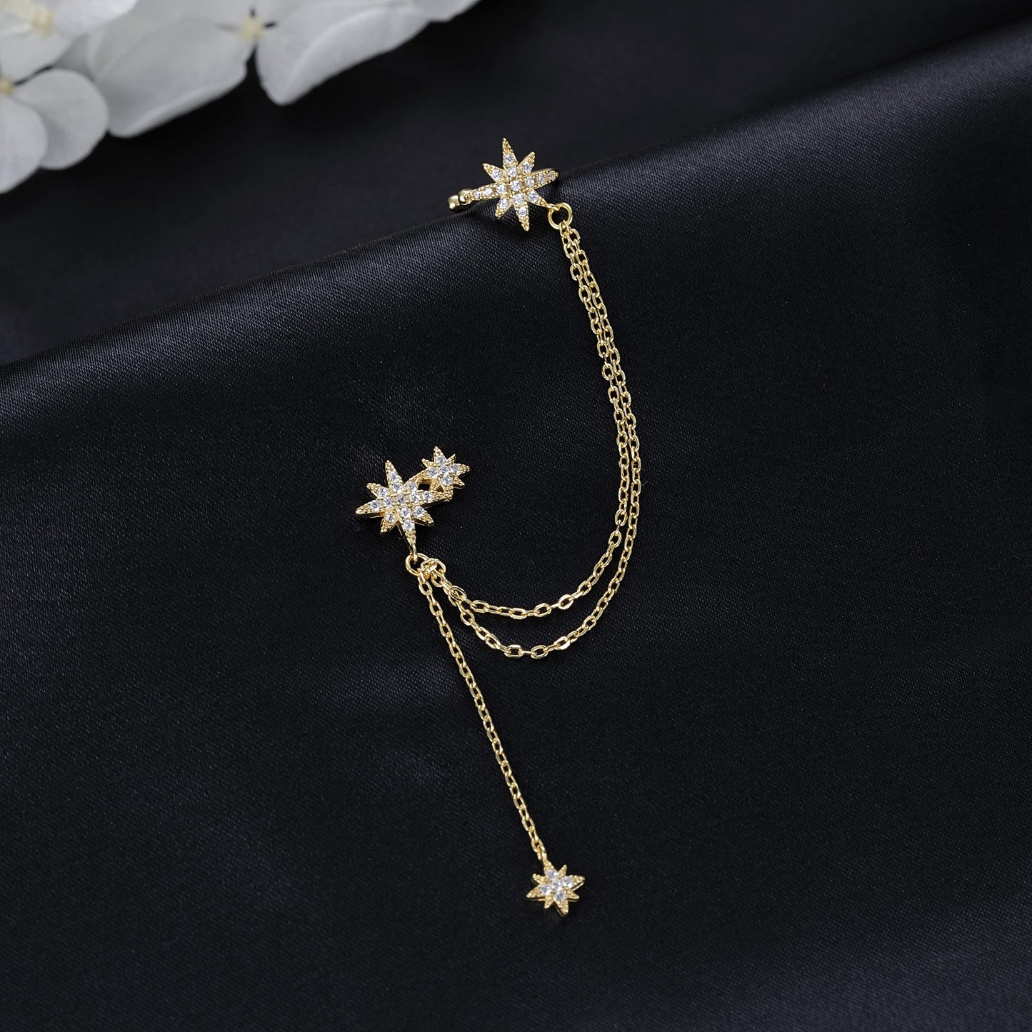 SLUYNZ 925 Sterling Silver Fashion Star Cuff Earring Chain for Women Star Crawler Earring Wrap Earrings