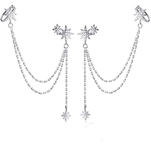 SLUYNZ 925 Sterling Silver Fashion Star Cuff Earring Chain for Women Star Crawler Earring Wrap Earrings