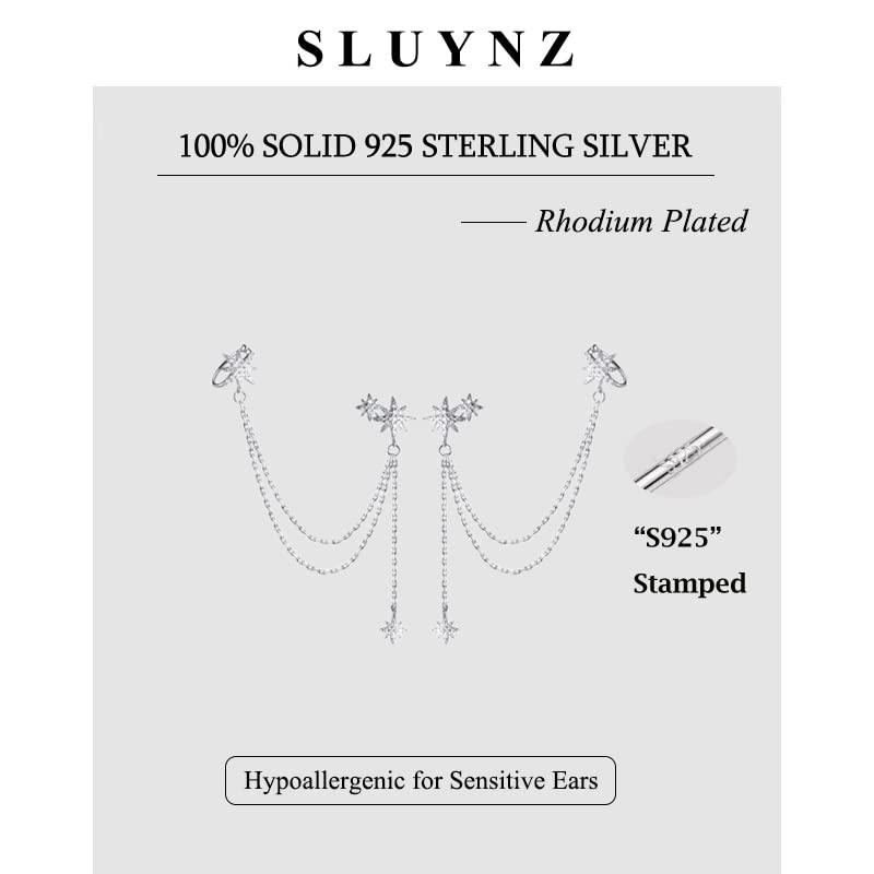 SLUYNZ 925 Sterling Silver Fashion Star Cuff Earring Chain for Women Star Crawler Earring Wrap Earrings