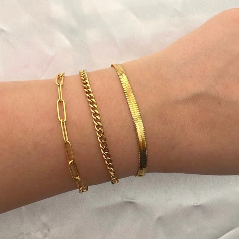 Gold Bracelets for Women Trendy,14K Real Gold Plated Dainty Stackable Paperclip Cuban Link Chain Bracelets,Cuff Bracelets Jewelry Set Adjustable 7"+2"