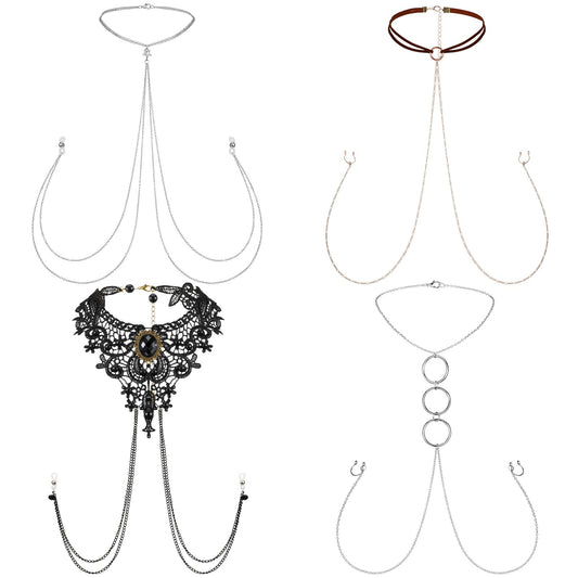 Bonuci 4 Pcs Non Piercing Bra Body Chain with Necklaces Body Chain Non Piercing Adjustable Bra Jewelry