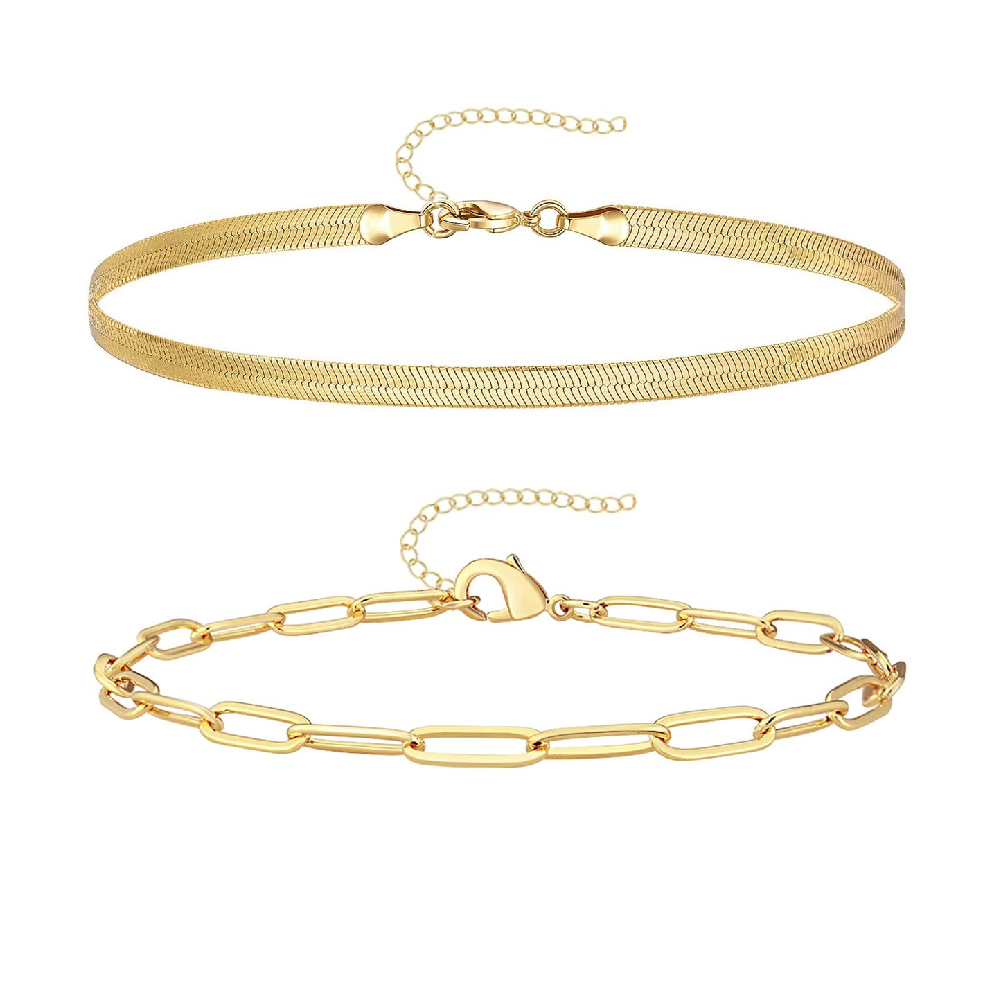 Gold Bracelets for Women Trendy,14K Real Gold Plated Dainty Stackable Paperclip Cuban Link Chain Bracelets,Cuff Bracelets Jewelry Set Adjustable 7"+2"