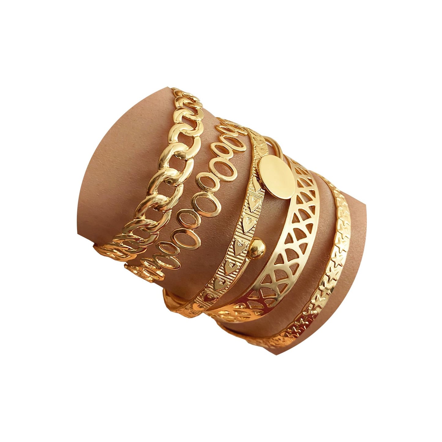 IFKM Gold Bangle Bracelets For Women, 14k Gold Plated Multi Layer Stackable Cuff Bracelet Set, Trendy Elegance Charms Non Tarnish Minimalist Textured Boho Jewelry Gift for Women