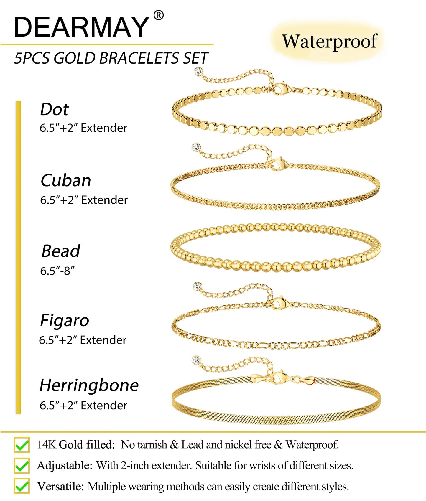 DEARMAY Gold Bracelets for Women Waterproof, 14K Real Gold Jewelry Sets Trendy Thin Dainty Stackable Cuban Link Paperclip Chain Bracelet Pack Fashion Accessories Gifts for Womens