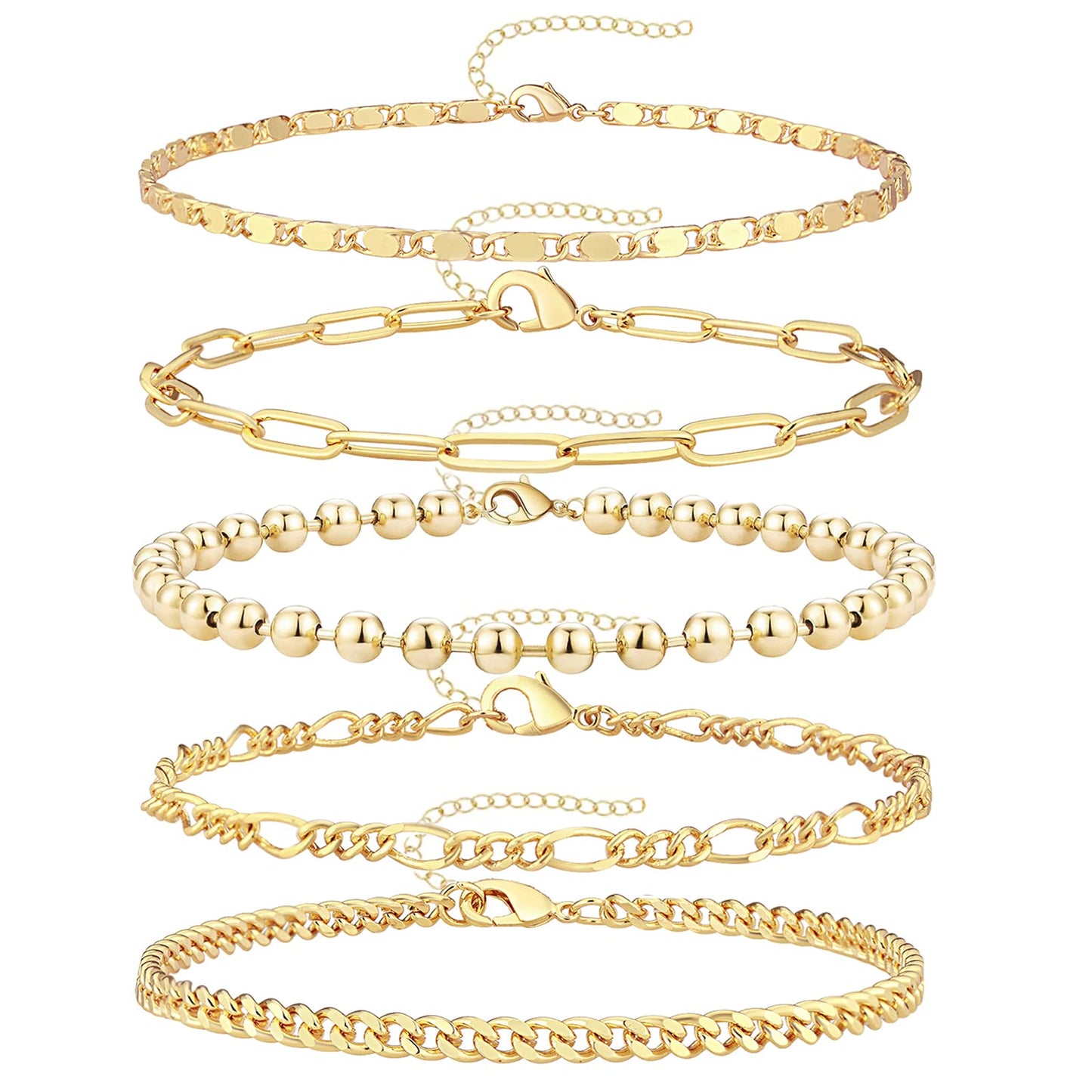 Gold Bracelets for Women Trendy,14K Real Gold Plated Dainty Stackable Paperclip Cuban Link Chain Bracelets,Cuff Bracelets Jewelry Set Adjustable 7"+2"