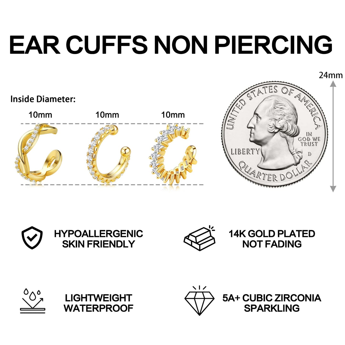 Dochais Ear Cuffs Non-Piercing Earrings for Women Cute Small Clip-On Cartilage Earring 14k Gold Plated Dainty Fake Piercings Earings