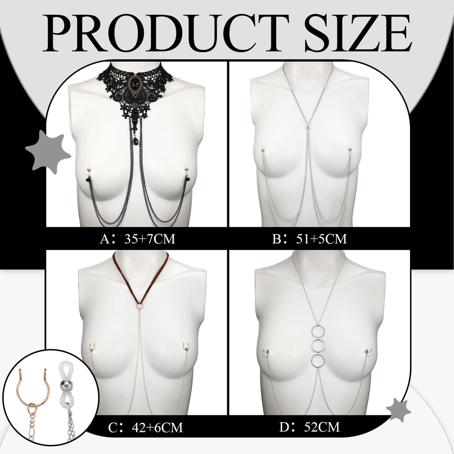 Bonuci 4 Pcs Non Piercing Bra Body Chain with Necklaces Body Chain Non Piercing Adjustable Bra Jewelry