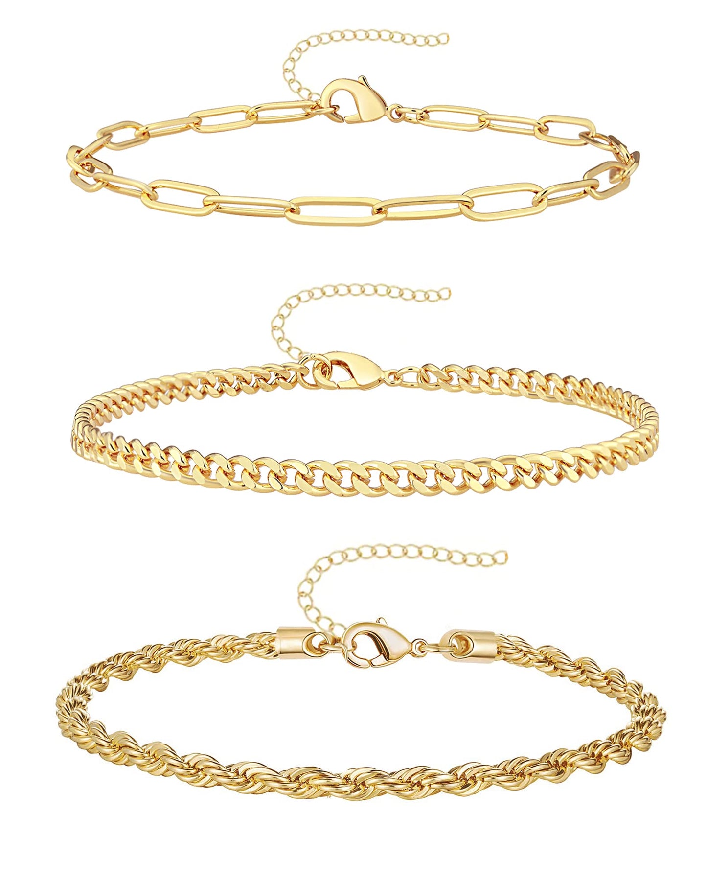 Gold Bracelets for Women Trendy,14K Real Gold Plated Dainty Stackable Paperclip Cuban Link Chain Bracelets,Cuff Bracelets Jewelry Set Adjustable 7"+2"