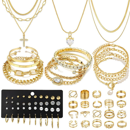 57pcs Gold Jewelry Set With 3 PCS Necklace, 12 PCS Bracelet,20pcs Hoop Stud Earrings,22pcs rings set For Women For Birthday Gifts