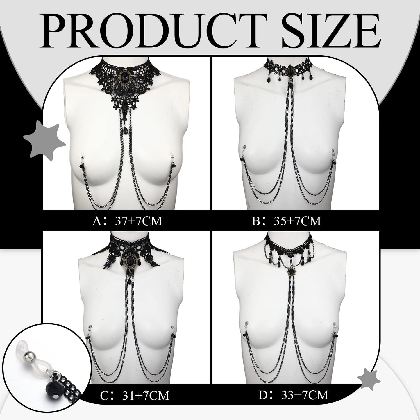 Bonuci 4 Pcs Non Piercing Bra Body Chain with Necklaces Body Chain Non Piercing Adjustable Bra Jewelry