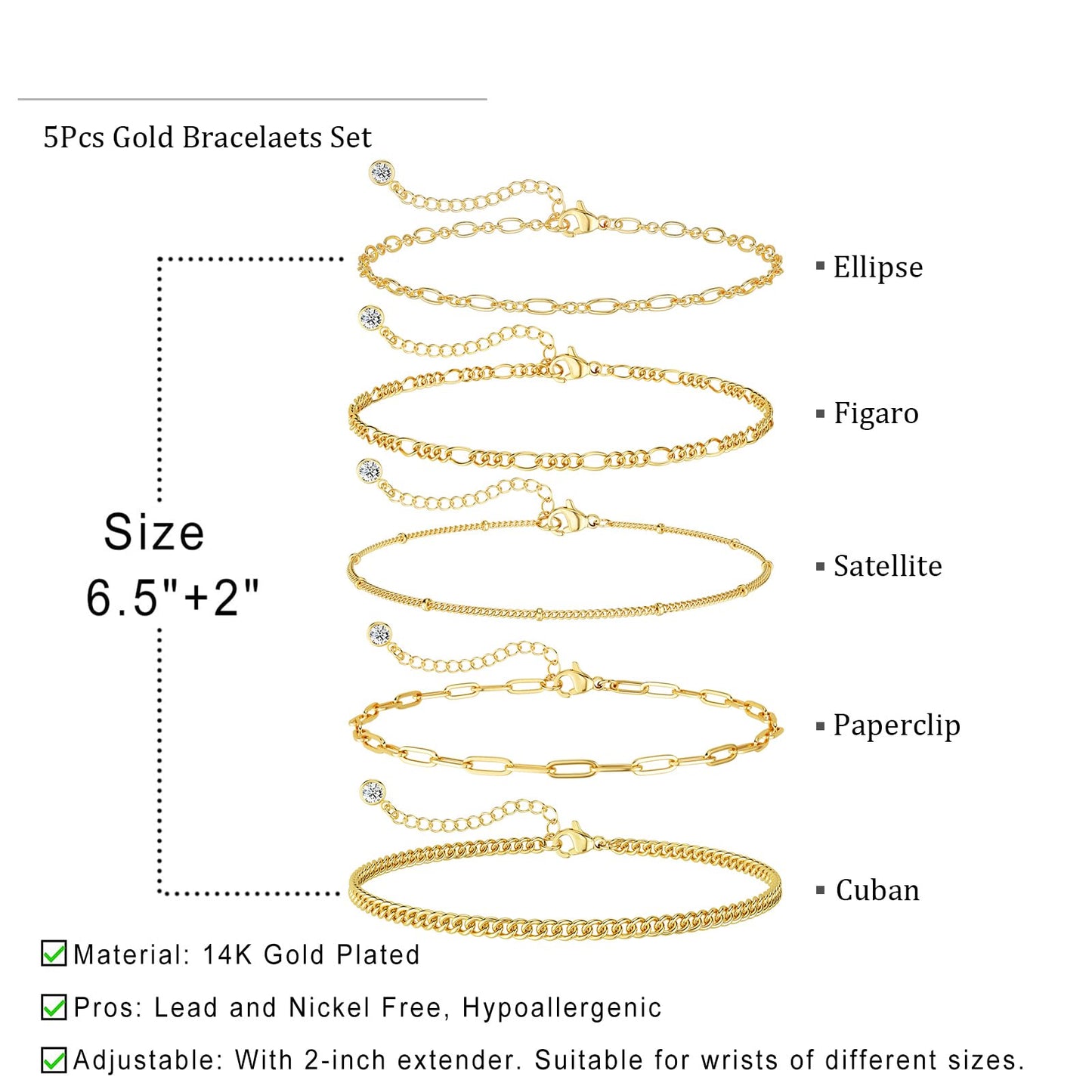DEARMAY Gold Bracelets for Women Waterproof, 14K Real Gold Jewelry Sets Trendy Thin Dainty Stackable Cuban Link Paperclip Chain Bracelet Pack Fashion Accessories Gifts for Womens
