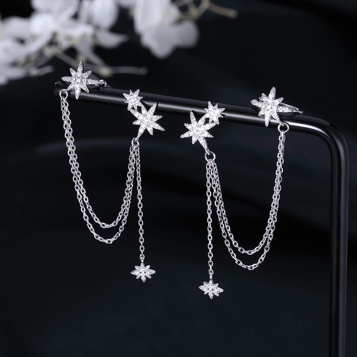 SLUYNZ 925 Sterling Silver Fashion Star Cuff Earring Chain for Women Star Crawler Earring Wrap Earrings