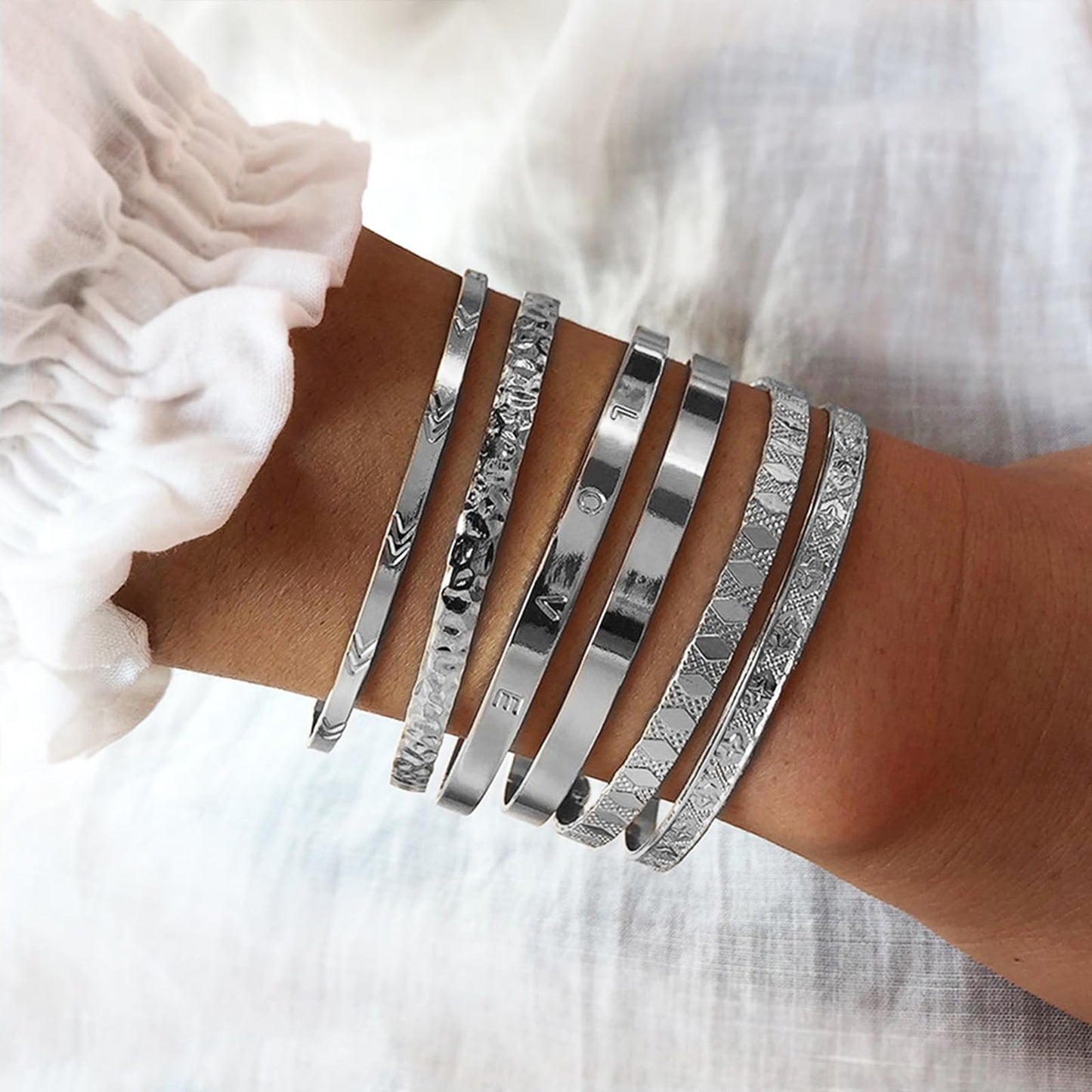 IFKM Gold Bangle Bracelets For Women, 14k Gold Plated Multi Layer Stackable Cuff Bracelet Set, Trendy Elegance Charms Non Tarnish Minimalist Textured Boho Jewelry Gift for Women