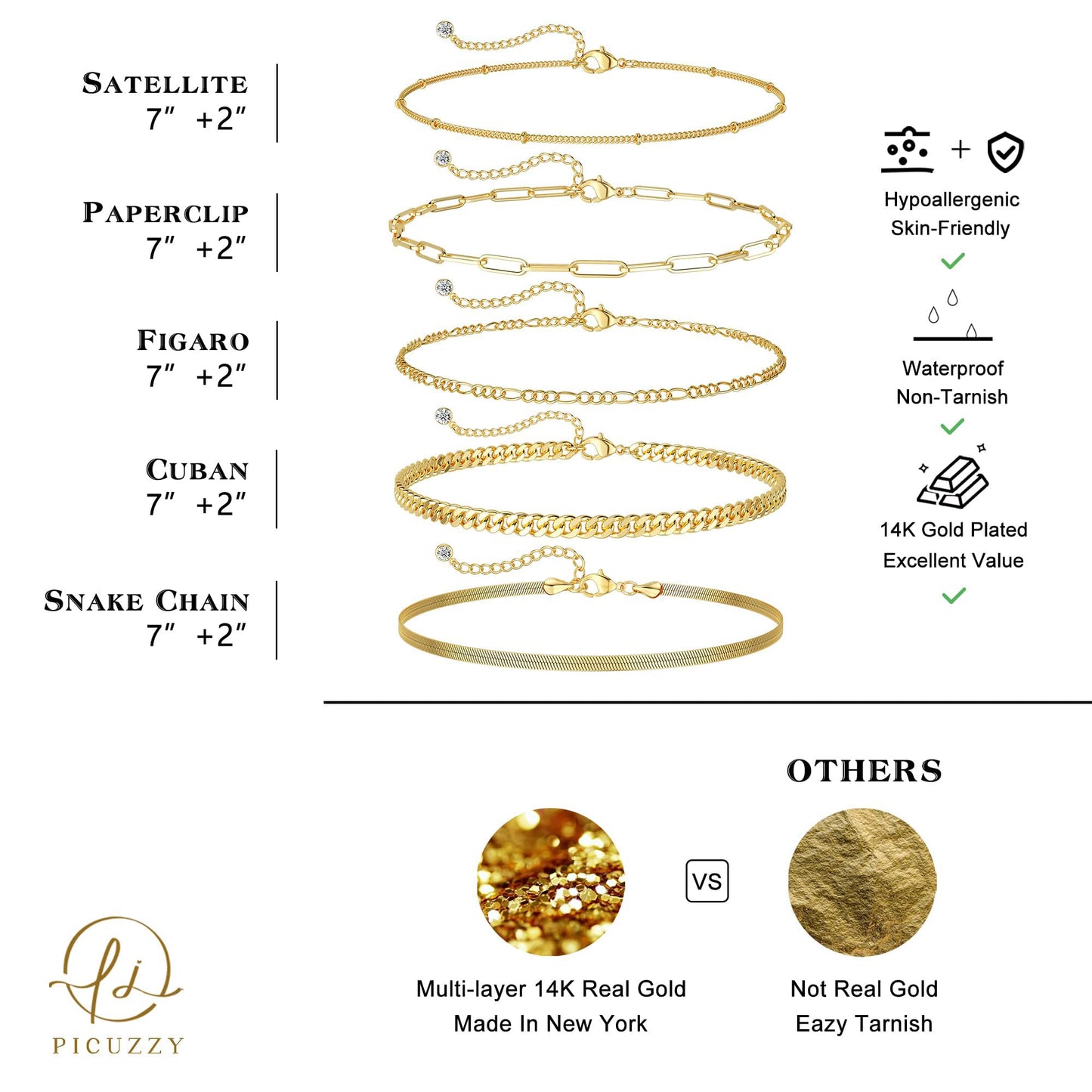 DEARMAY Gold Bracelets for Women Waterproof, 14K Real Gold Jewelry Sets Trendy Thin Dainty Stackable Cuban Link Paperclip Chain Bracelet Pack Fashion Accessories Gifts for Womens