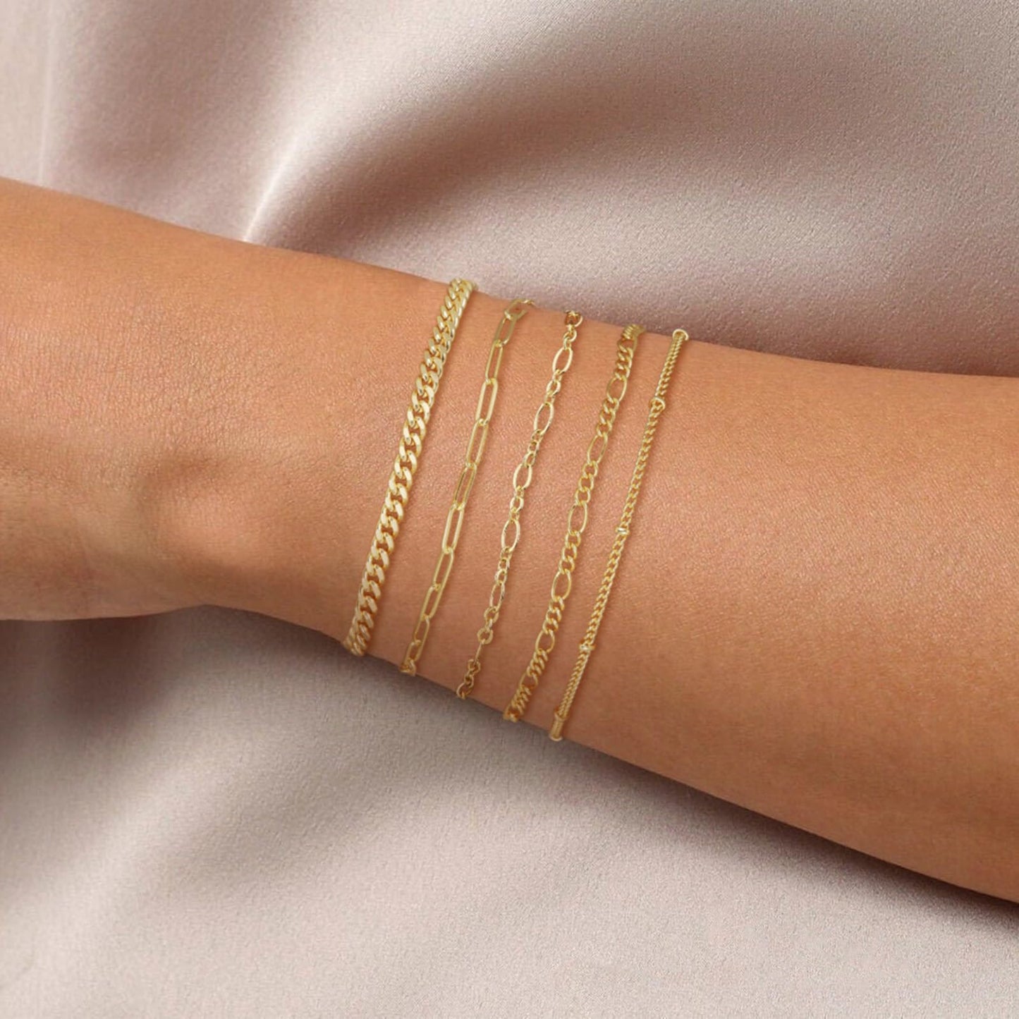 DEARMAY Gold Bracelets for Women Waterproof, 14K Real Gold Jewelry Sets Trendy Thin Dainty Stackable Cuban Link Paperclip Chain Bracelet Pack Fashion Accessories Gifts for Womens