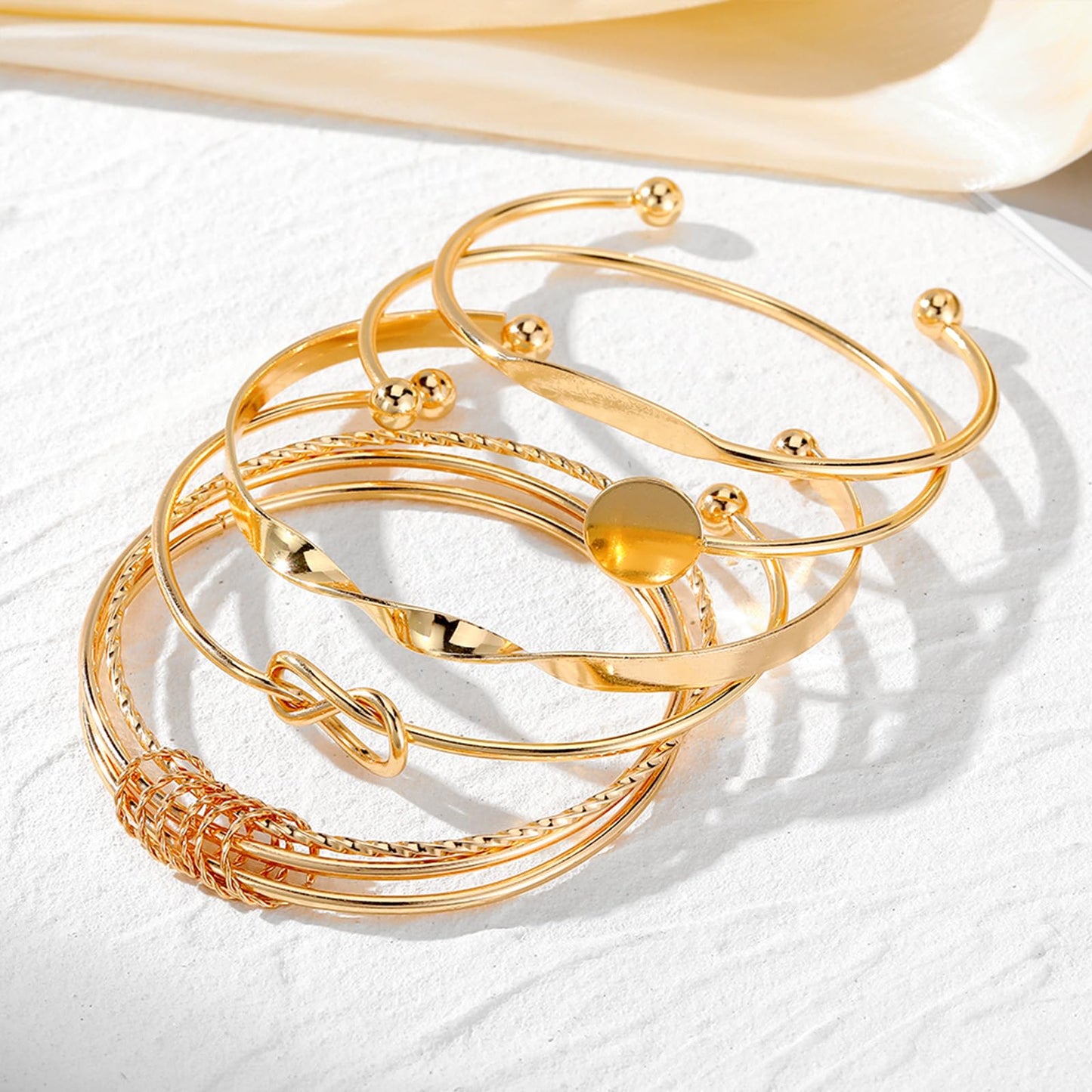 IFKM Gold Bangle Bracelets For Women, 14k Gold Plated Multi Layer Stackable Cuff Bracelet Set, Trendy Elegance Charms Non Tarnish Minimalist Textured Boho Jewelry Gift for Women