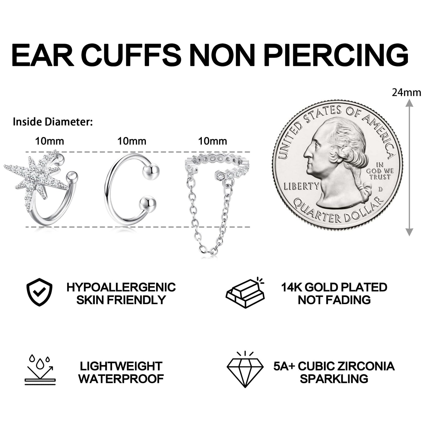 Dochais Ear Cuffs Non-Piercing Earrings for Women Cute Small Clip-On Cartilage Earring 14k Gold Plated Dainty Fake Piercings Earings