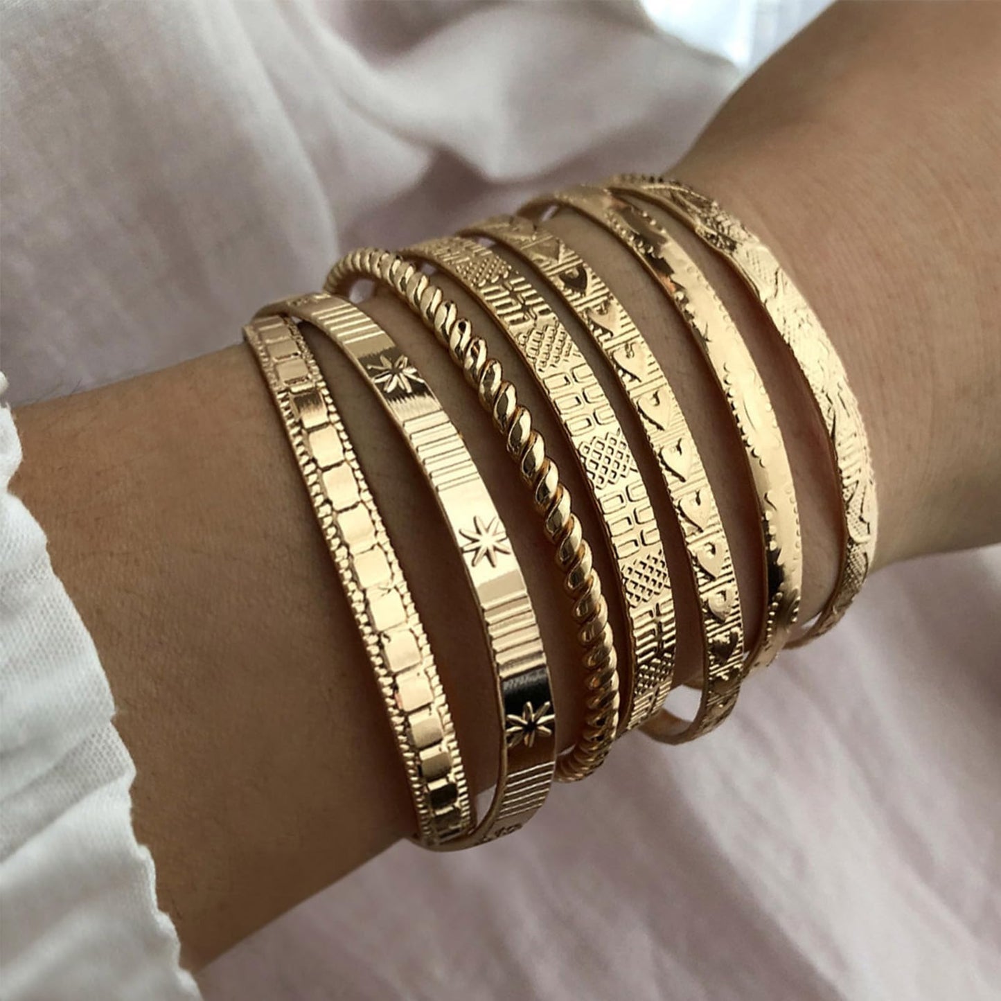 IFKM Gold Bangle Bracelets For Women, 14k Gold Plated Multi Layer Stackable Cuff Bracelet Set, Trendy Elegance Charms Non Tarnish Minimalist Textured Boho Jewelry Gift for Women