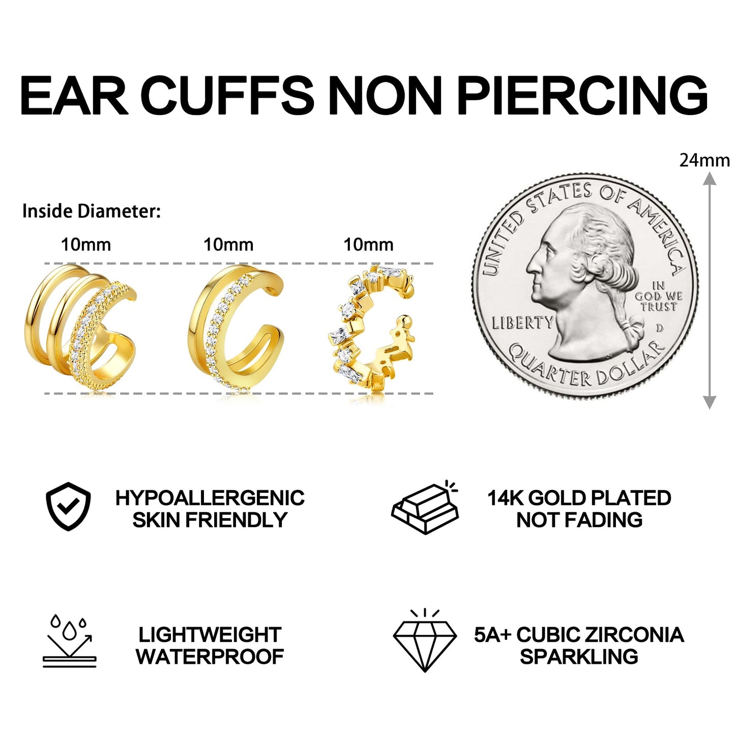 Dochais Ear Cuffs Non-Piercing Earrings for Women Cute Small Clip-On Cartilage Earring 14k Gold Plated Dainty Fake Piercings Earings