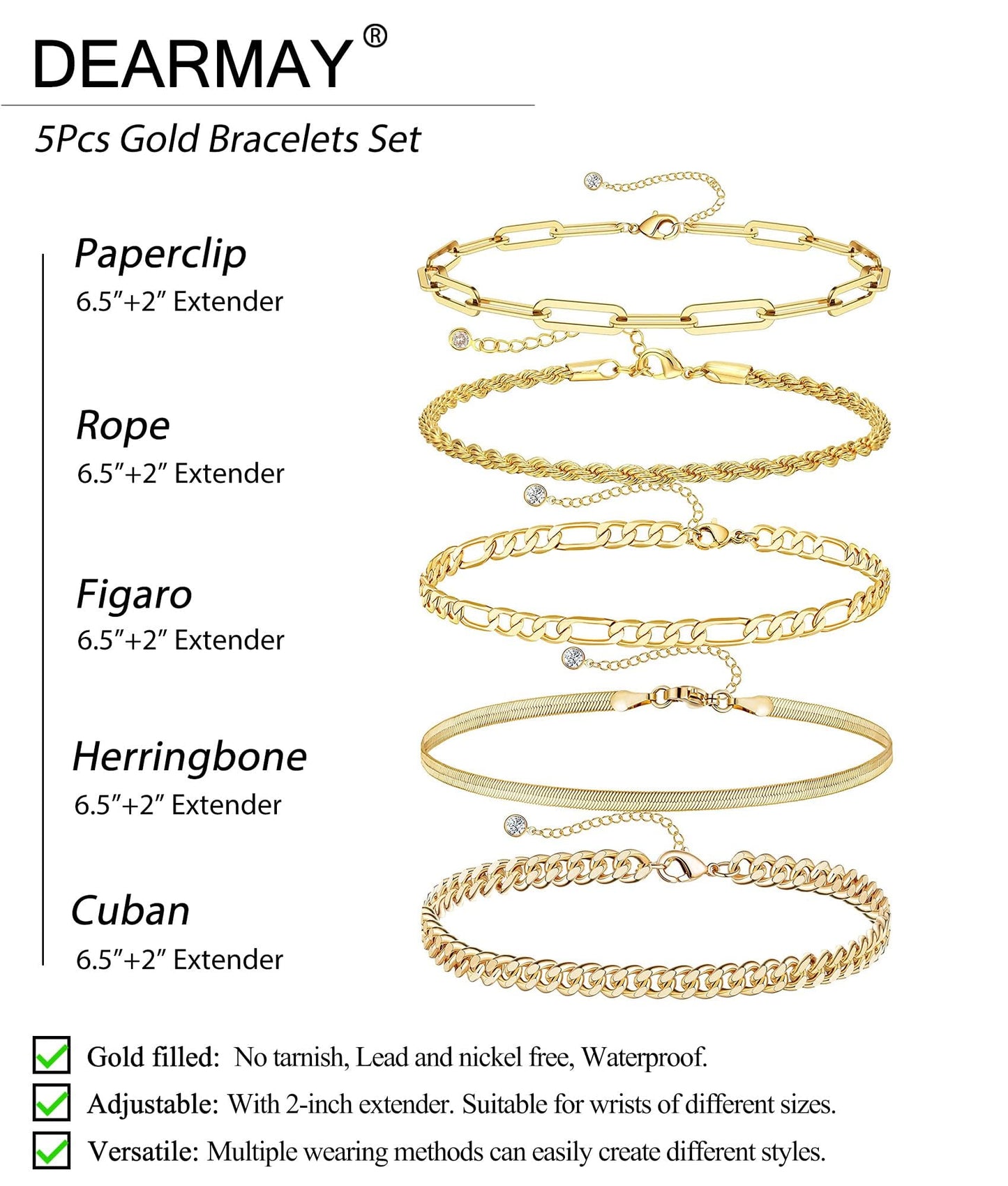 DEARMAY Gold Bracelets for Women Waterproof, 14K Real Gold Jewelry Sets Trendy Thin Dainty Stackable Cuban Link Paperclip Chain Bracelet Pack Fashion Accessories Gifts for Womens