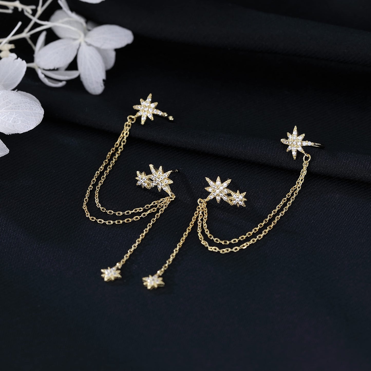 SLUYNZ 925 Sterling Silver Fashion Star Cuff Earring Chain for Women Star Crawler Earring Wrap Earrings