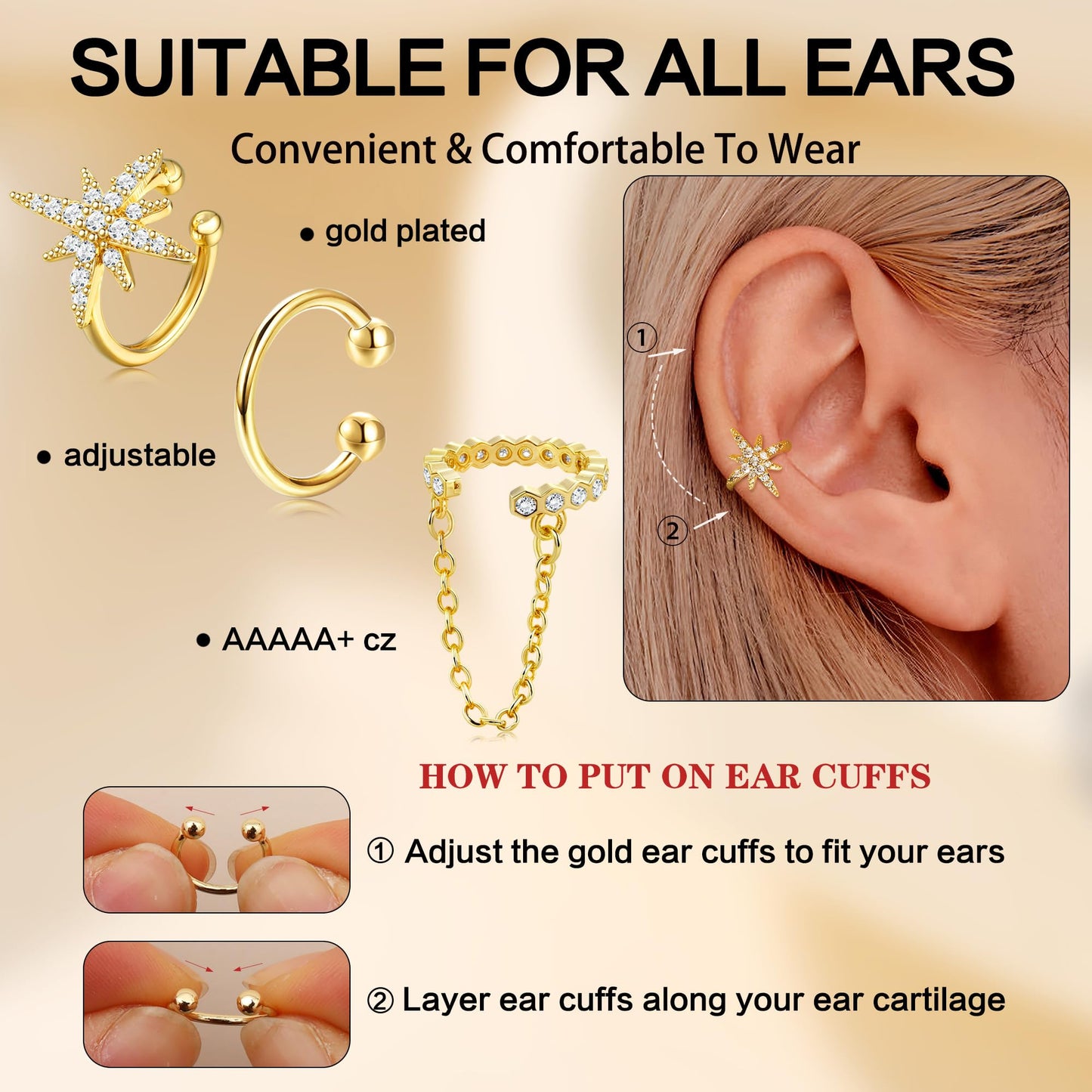 Dochais Ear Cuffs Non-Piercing Earrings for Women Cute Small Clip-On Cartilage Earring 14k Gold Plated Dainty Fake Piercings Earings