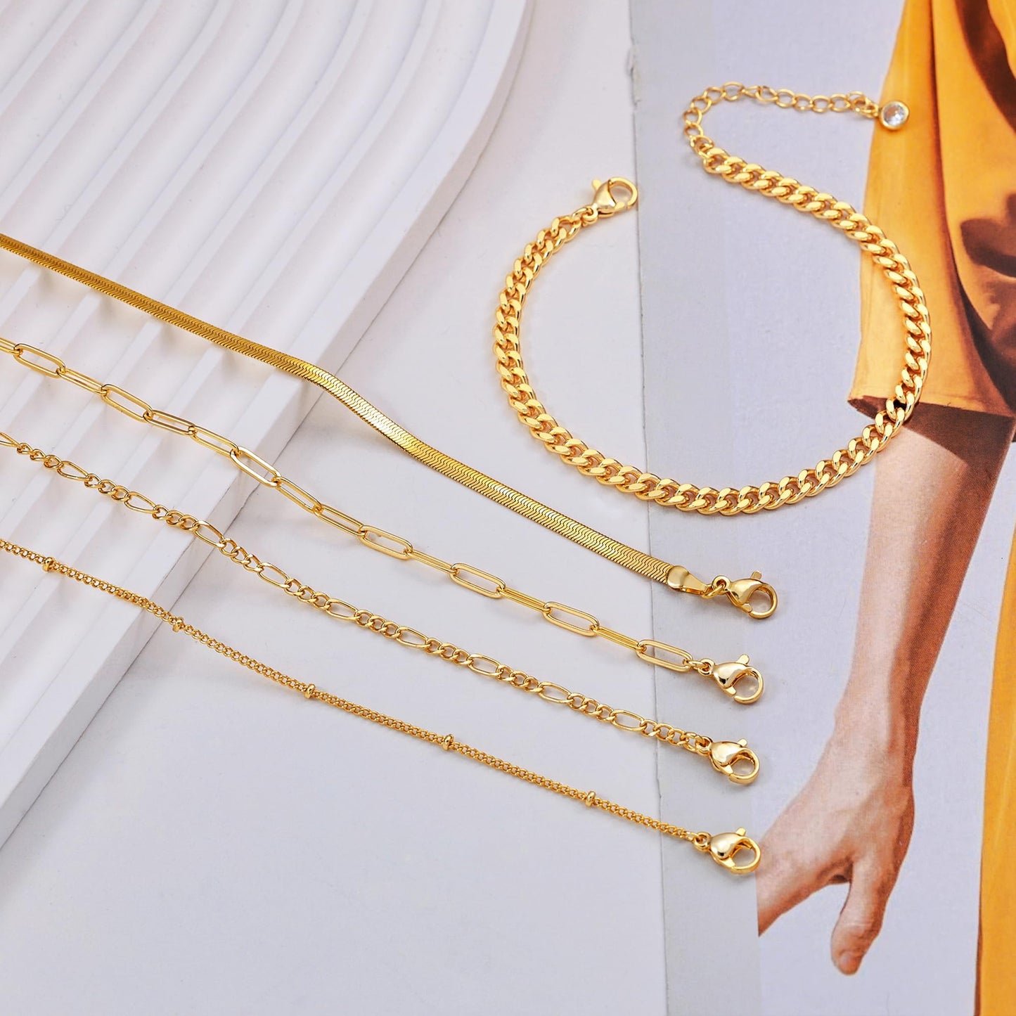 DEARMAY Gold Bracelets for Women Waterproof, 14K Real Gold Jewelry Sets Trendy Thin Dainty Stackable Cuban Link Paperclip Chain Bracelet Pack Fashion Accessories Gifts for Womens